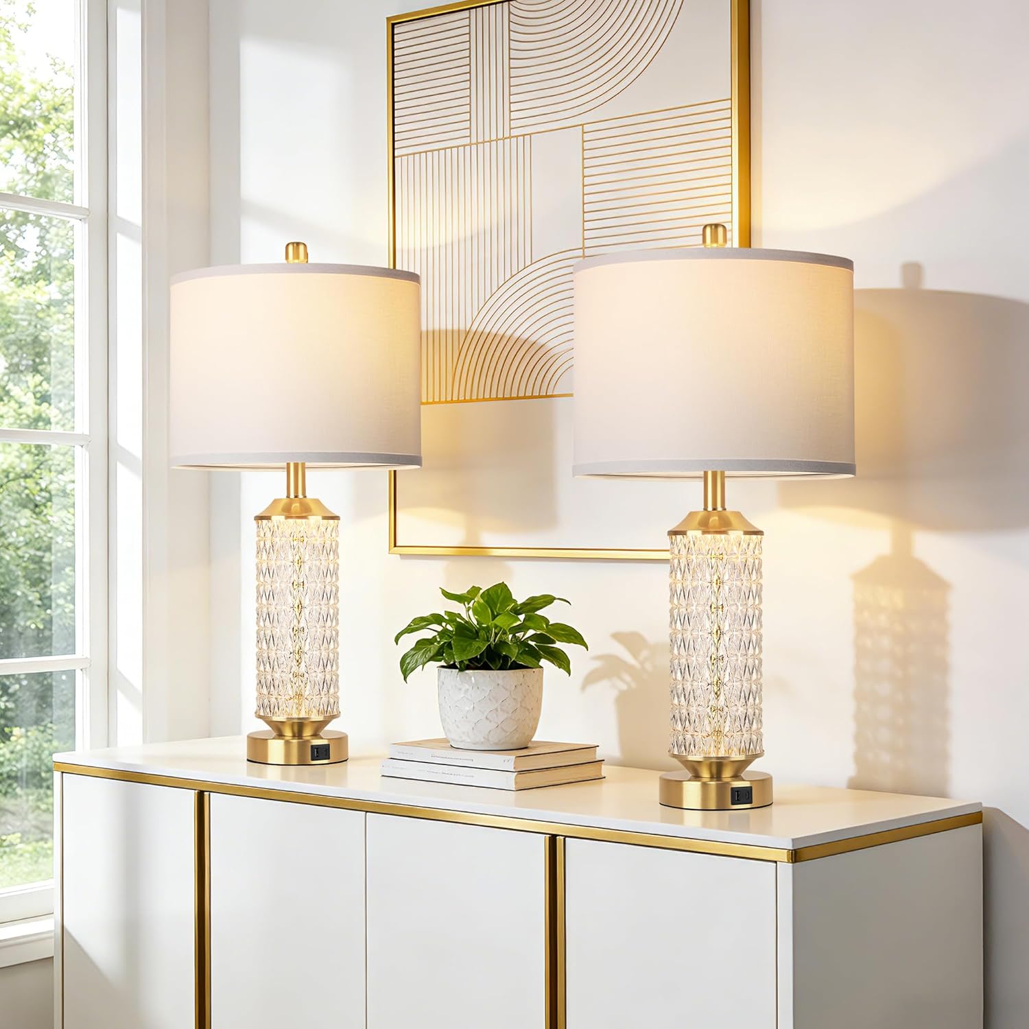 QiMH Gold Lamps for Living Room with LED Night Light,26" Modern Beside Lamps Set of 2 with Linen Shade & USB A+C Ports,Glass Table Lamps for Bedroom, Nightstand, Office, Home Decor(2 Blubs Included)