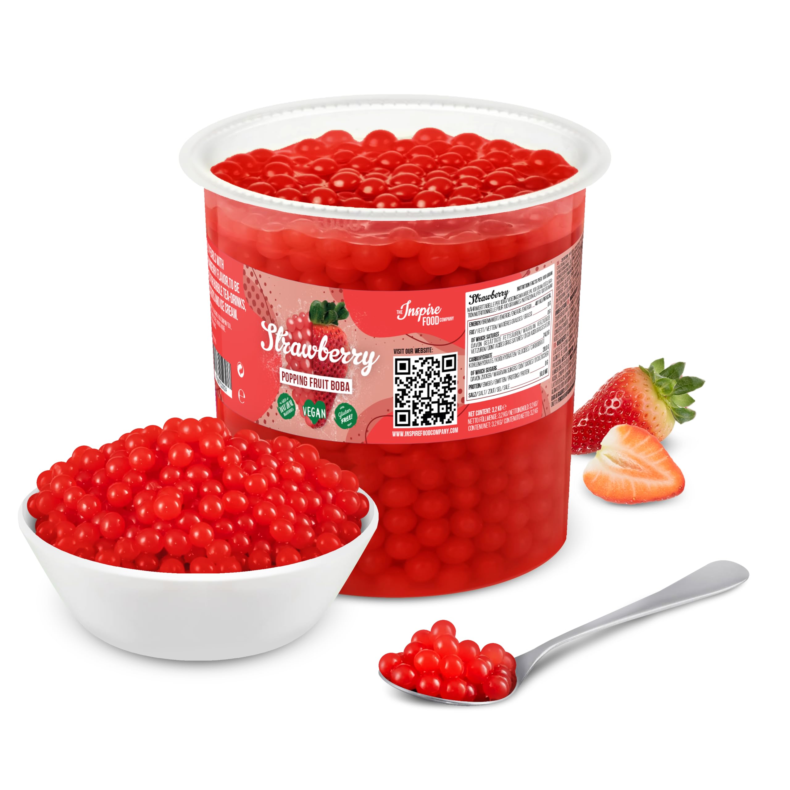 The Inspire Food CompanyPopping Boba Pearls for Bubble Tea - 3.2KG | Strawberry | Bursting Pearls Bubble | Real Fruit Juice For Shakes, Smoothie | 100% Vegan & Glutenfree, No Artificial Colors