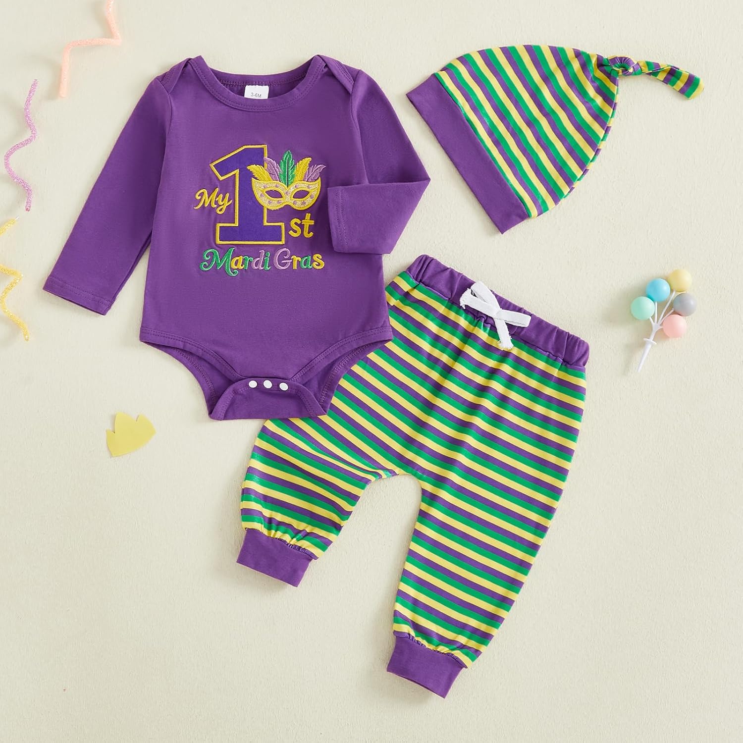 YOKJZJD 3Pcs Newborn Baby Boy Girl My 1st Mardi Gras Outfit Long Sleeve Romper Bodysuit Pants Hat Set Fall Clothes - Image 4