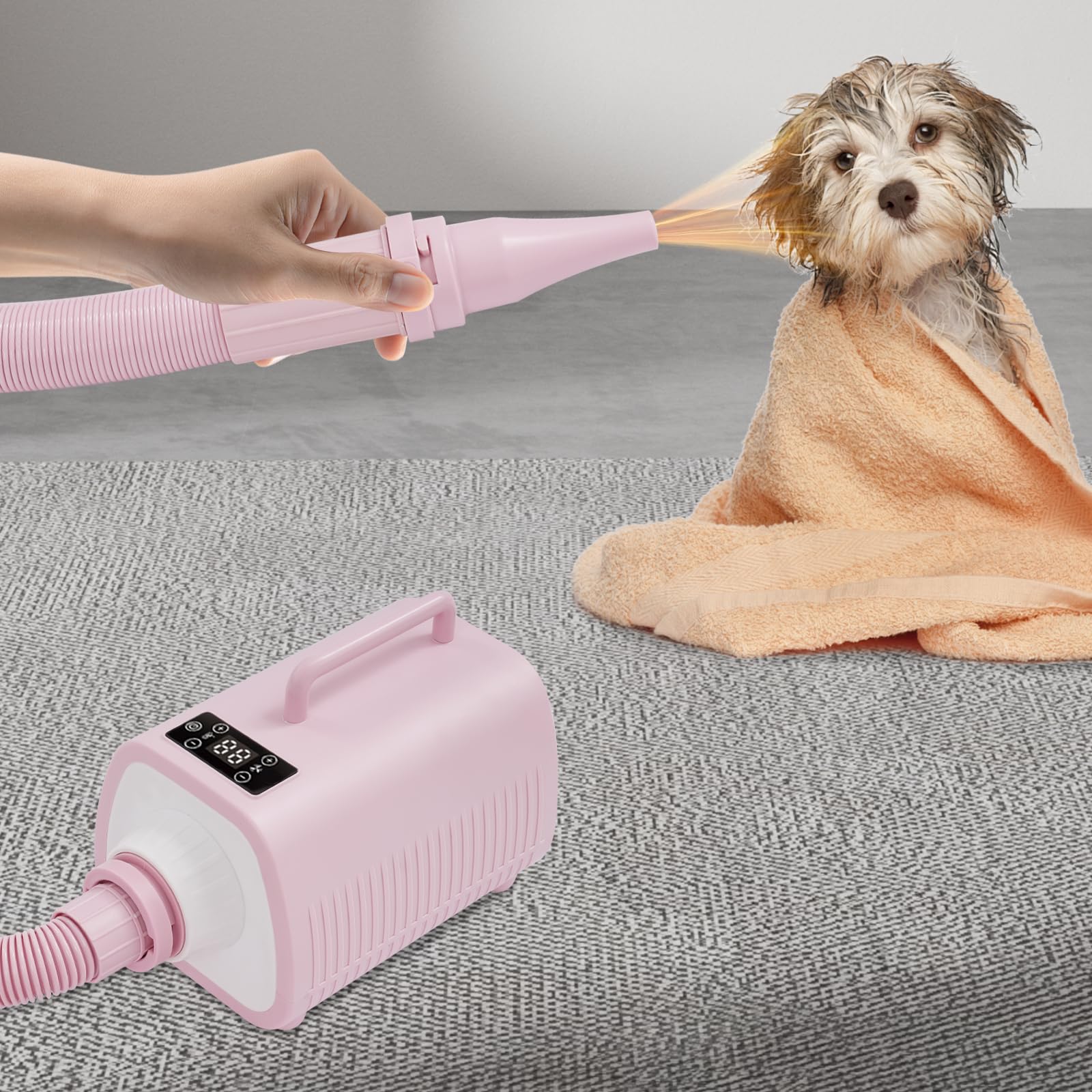 2100W Hundefön Blower mit Einstellbarer Geschwindigkeit und Temperatur, Hundepflege-Trockner-Gebläse mit 3 Verschiedenen Düsen und 2M Elastischem Schlauch, Hundetrockner mit LED-Touchscreen (Rosa)