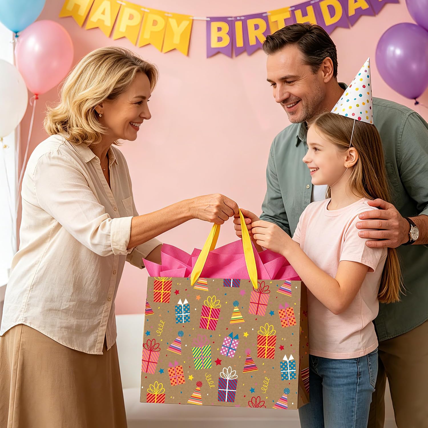 WRAPAHOLIC 13" Large Birthday Gift Bag with Tissue Paper - Colorful Party Hats and Gifts Design Paper Bags for Birthday, Party, Baby Shower image 5