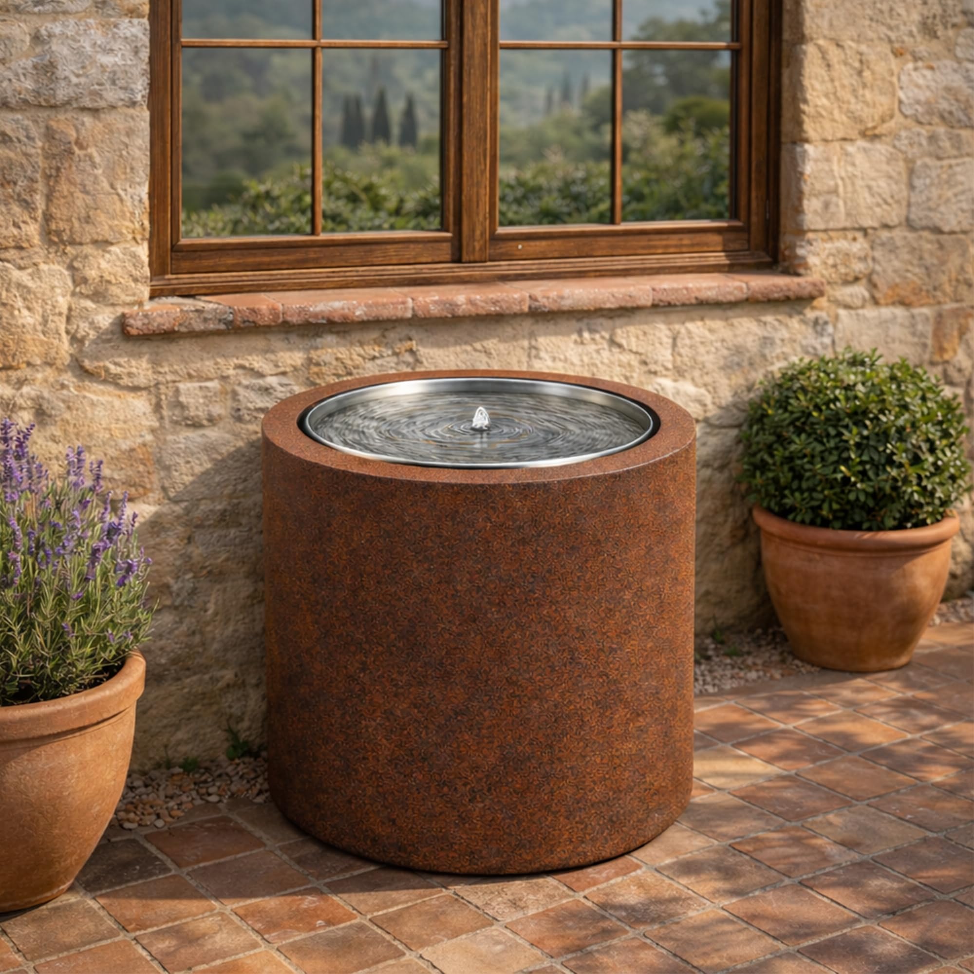 KÖHKO® Design-Gartenbrunnen ORBIS rund aus Cortenstahl mit LED –Modernes Wasserspiel für Garten & Terrasse