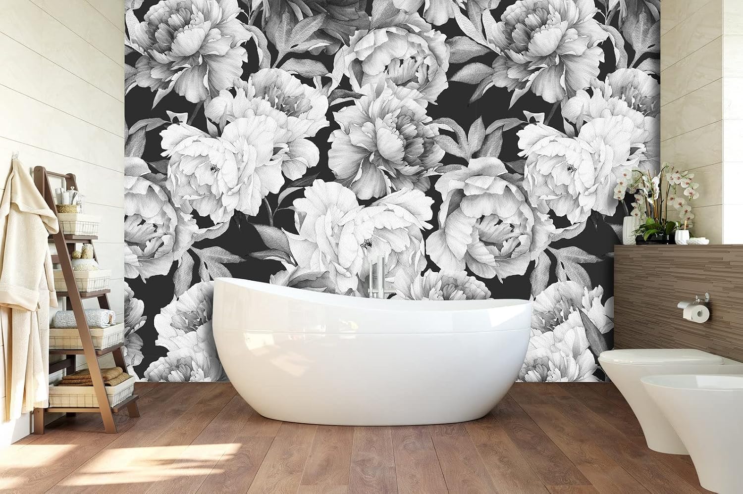 Removable Peel 'n Stick Wallpaper, Self-Adhesive Wall Mural, Watercolor Floral Pattern, Nursery Baby’s Room Decor • Black and White Flowers (24" W x 48" H Inches)