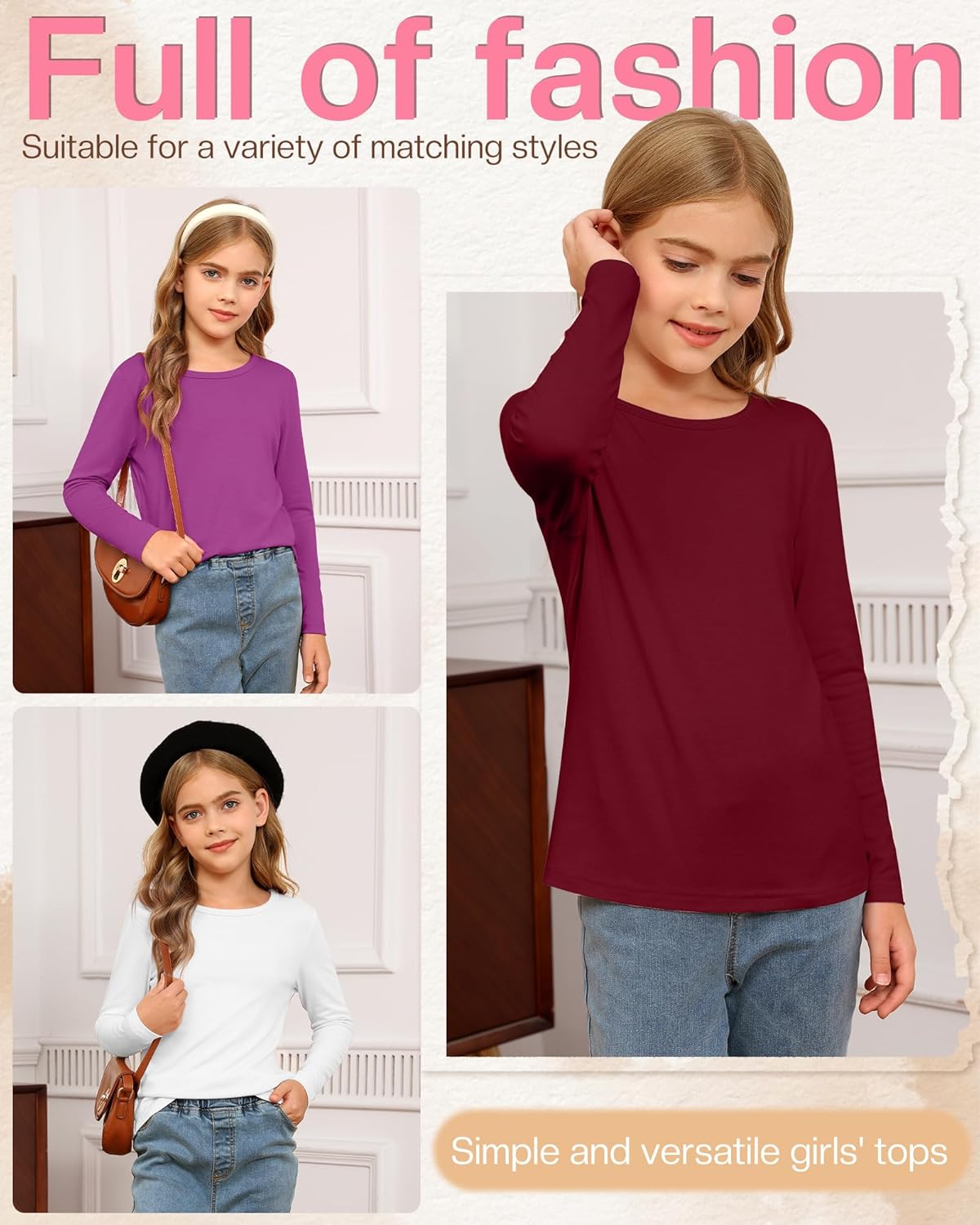 5 Pack Girls' Long Sleeve Shirts Kids Soft Crewneck Casual Loose Fit Layering Tops Basic Athletic Pullover Tee - Image 5
