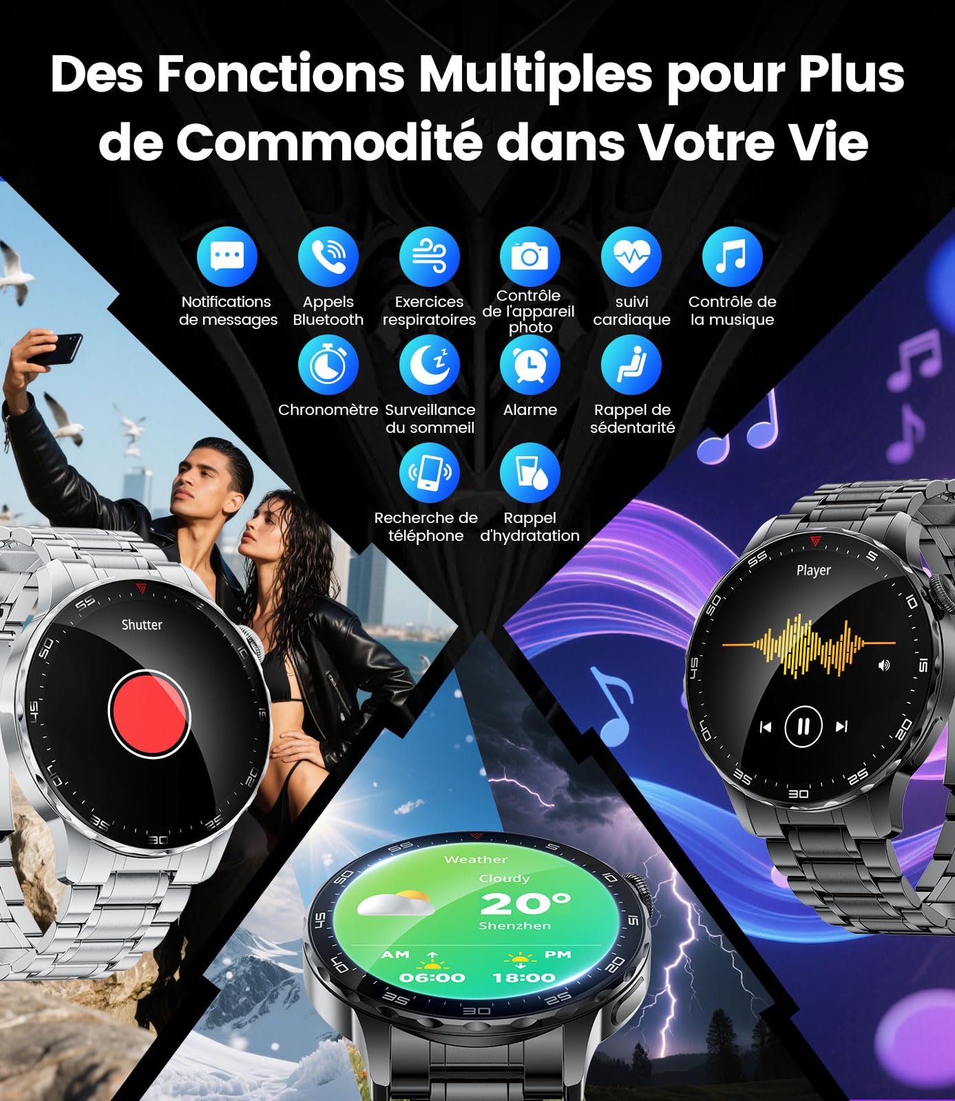 Montre Connectée Homme SML21, Écran AMOLED 1,43" HD, Appels Bluetooth, Autonomie 15 Jours, Notifications Intelligentes, Étanche, Compatible iOS et Android – Noir Profond