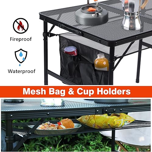 Miniatura 3 de Mesa plegable para parrilla, mesa de camping portátil de 3 x 2 pies, mesas de metal de altura ajustable con escritorio de malla y bolsa de malla,