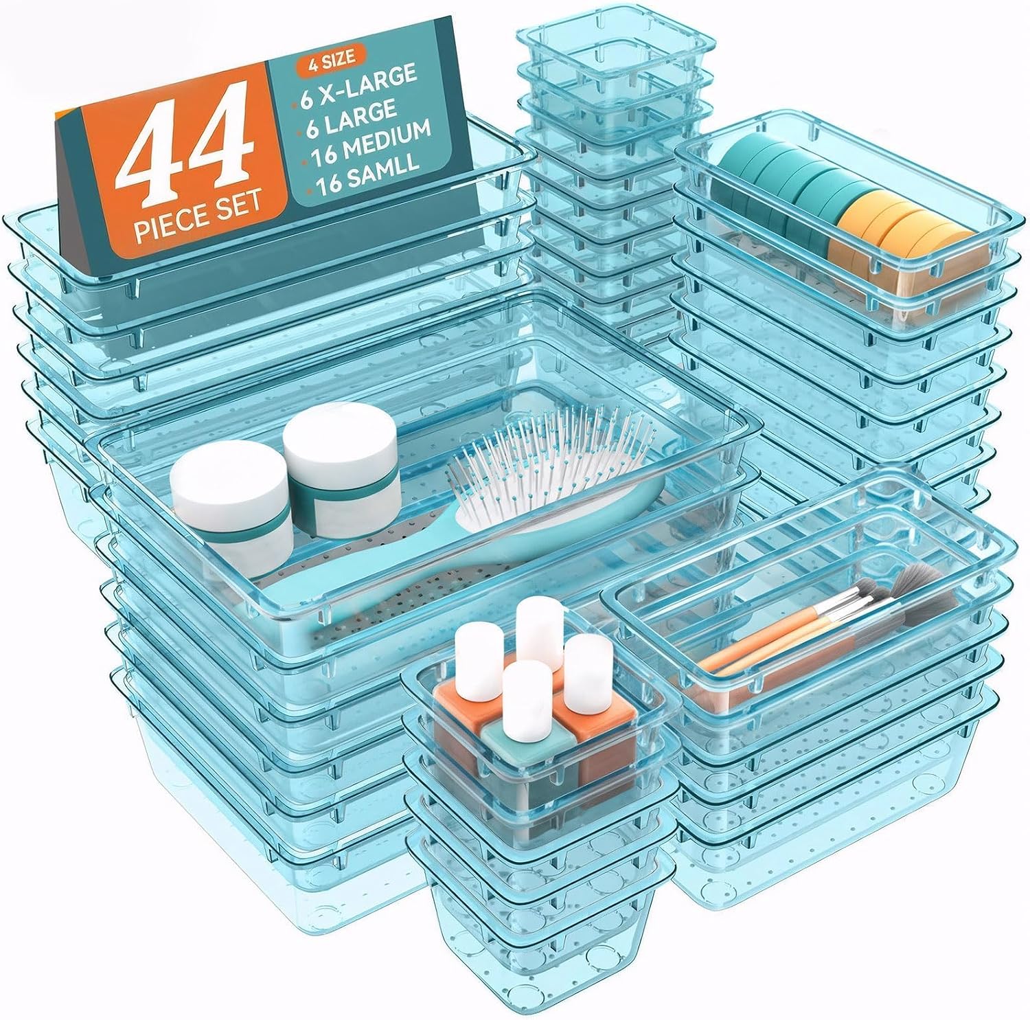44 PCS Clear Plastic Drawer Organizer Set, 4 Sizes Storage Bins, Sea Blue
