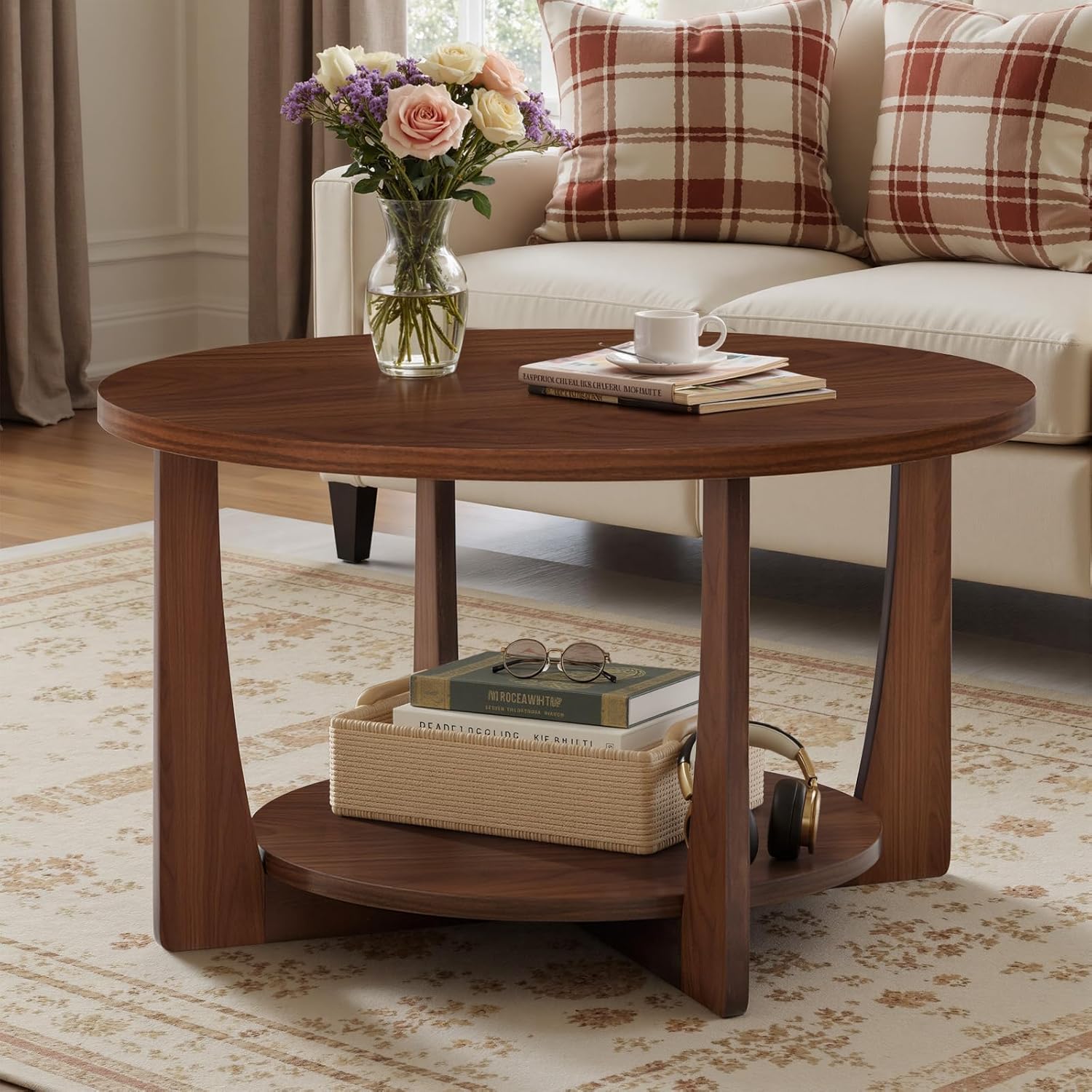 BECHAEO 31.5'' Round Coffee Table with Solid Wood Pine Legs, 2-Tier Retro Round Coffee Table with Storage Shelf, Small Modern Wood Circle Coffee Table Boho Round Center Table for Living Room