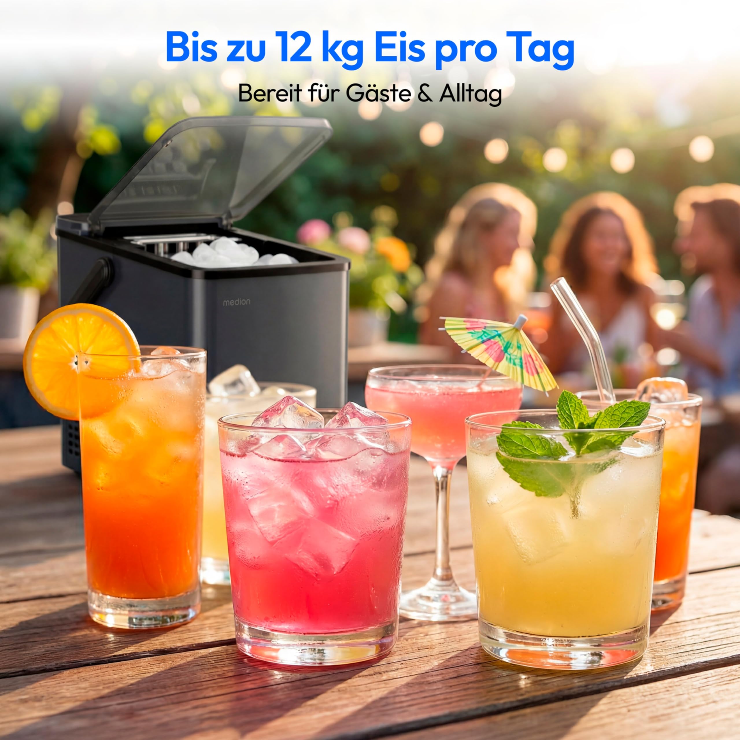 MEDION Eiswürfelmaschine, selbstreinigend, 12 kg Eis/Tag Eiswürfelbereiter, 2 Eiswürfelgrößen S & L, Integrierter Kompressor, 1,1 L Wassertank kompakt mit Tragegriff, GS-Zertifiziert, MD 100117