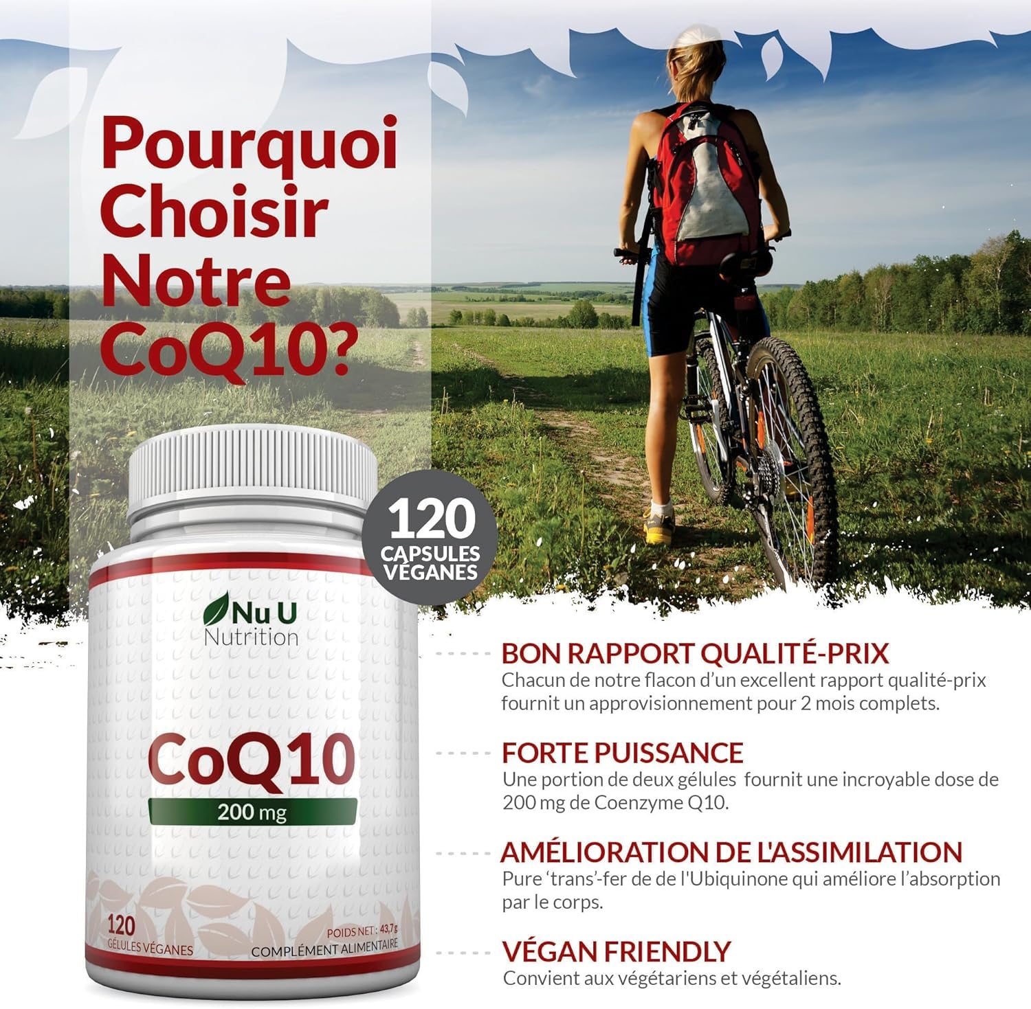 Coenzyme Q10 200mg – 120 Gélules Véganes – 2 Mois d’Approvisionnement – 100mg de CoQ10 par Gélule – 100% Ubiquinone Pure Fermentée Naturellement – Fabriqué en Europe – Nu U Nutrition