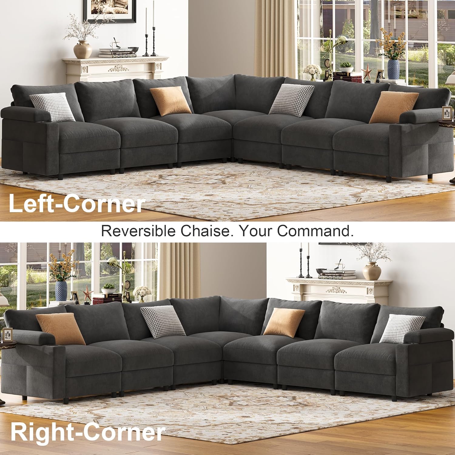 Sectional Couches for Living Room FSC Certified Velvet Modular Couch Oversized Cloud U Shaped Convertible Sleeper Sofa Chaise Detachable Armrest Cushion (Velvet Grey, Corner V Shape 7 Seat)