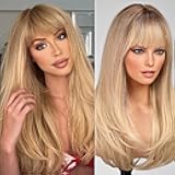 KOME Blonde Long Layered Wig with Bangs,Straight Hair Wigs for Women,Synthetic Heat Resistant Natural Looking Hair Wig for Party Cosplay Dality Use…