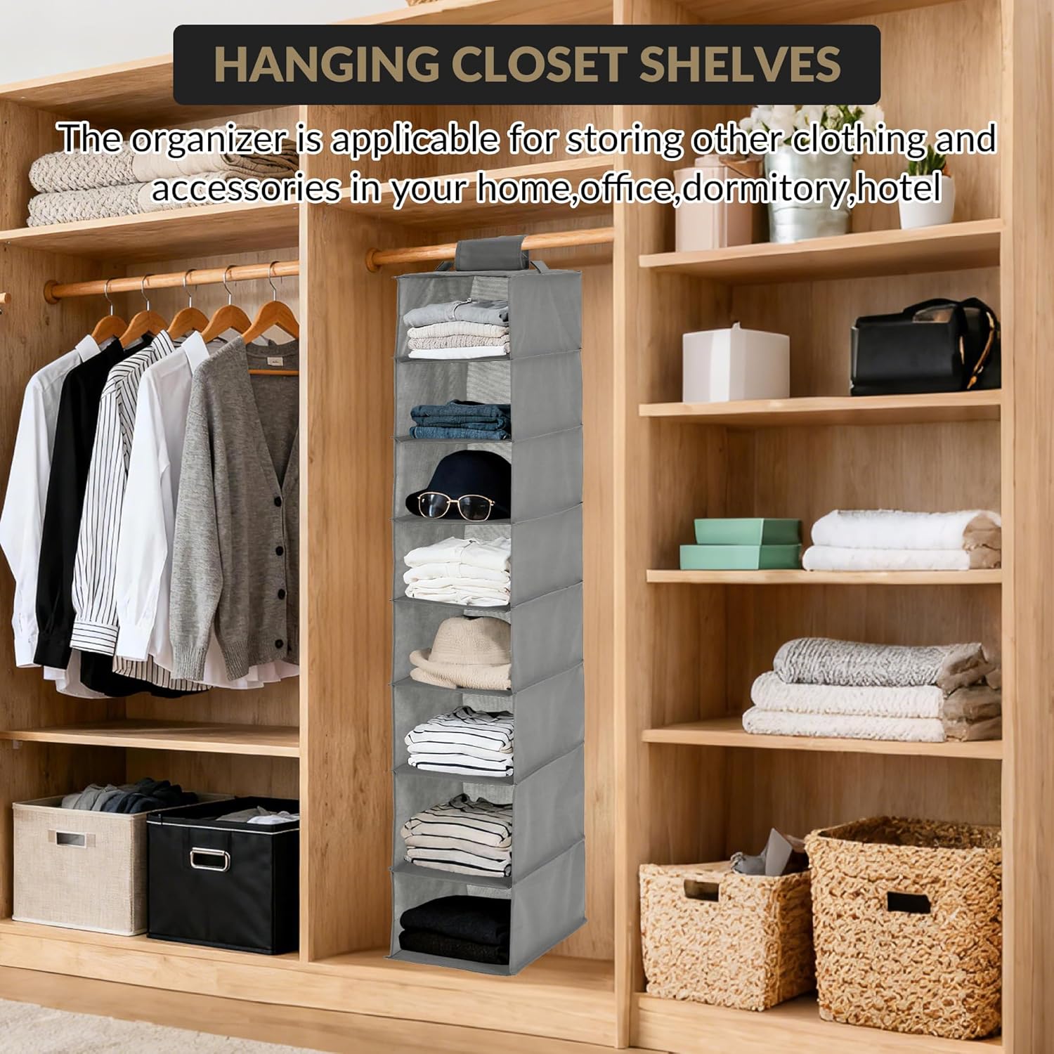 3-Tier Hanging Shoe Organizer for Closet, Gray 8-Shelf Storage Holder with 2 Hooks, No Tools Needed Installation, Space-Saving Shelf for Shoes, Purses, Scarves, Accessories (3 Pack)