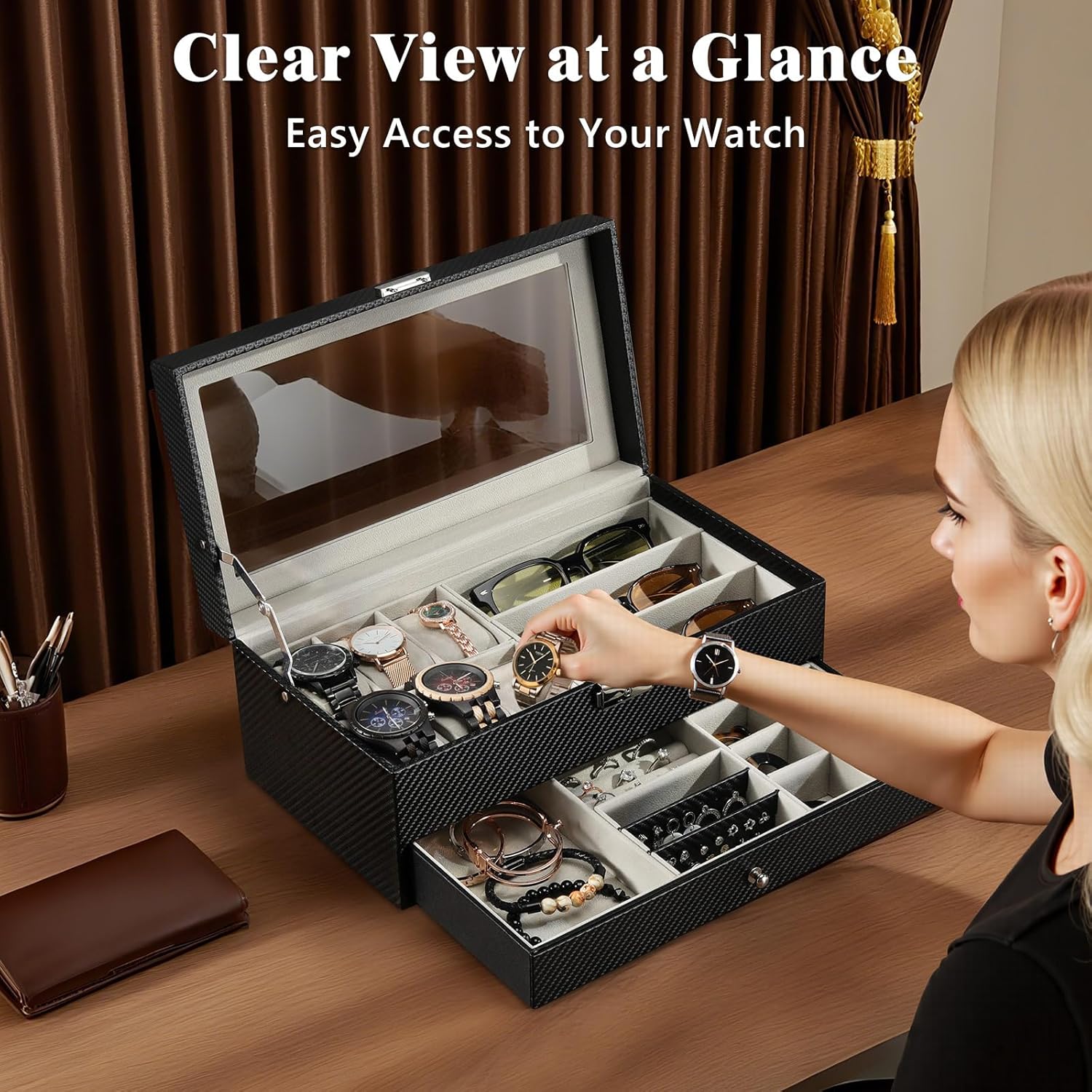 MoKo Watch Box Organizer, 2 Layers Lockable Sunglasses Jewelry Organizer with Glass Lid for Men Women, Watch Display Case Jewelry Box for Watches, Sunglasses, Tie Pins, Cufflinks, Rings, Black - Image 2