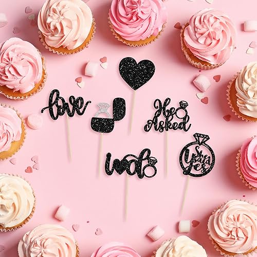 Miniatura 3 de 24 adornos para cupcakes con purpurina negra con texto en inglés He Asked She Said Yes, Love I Do, anillo de corazón, para despedida de soltera,