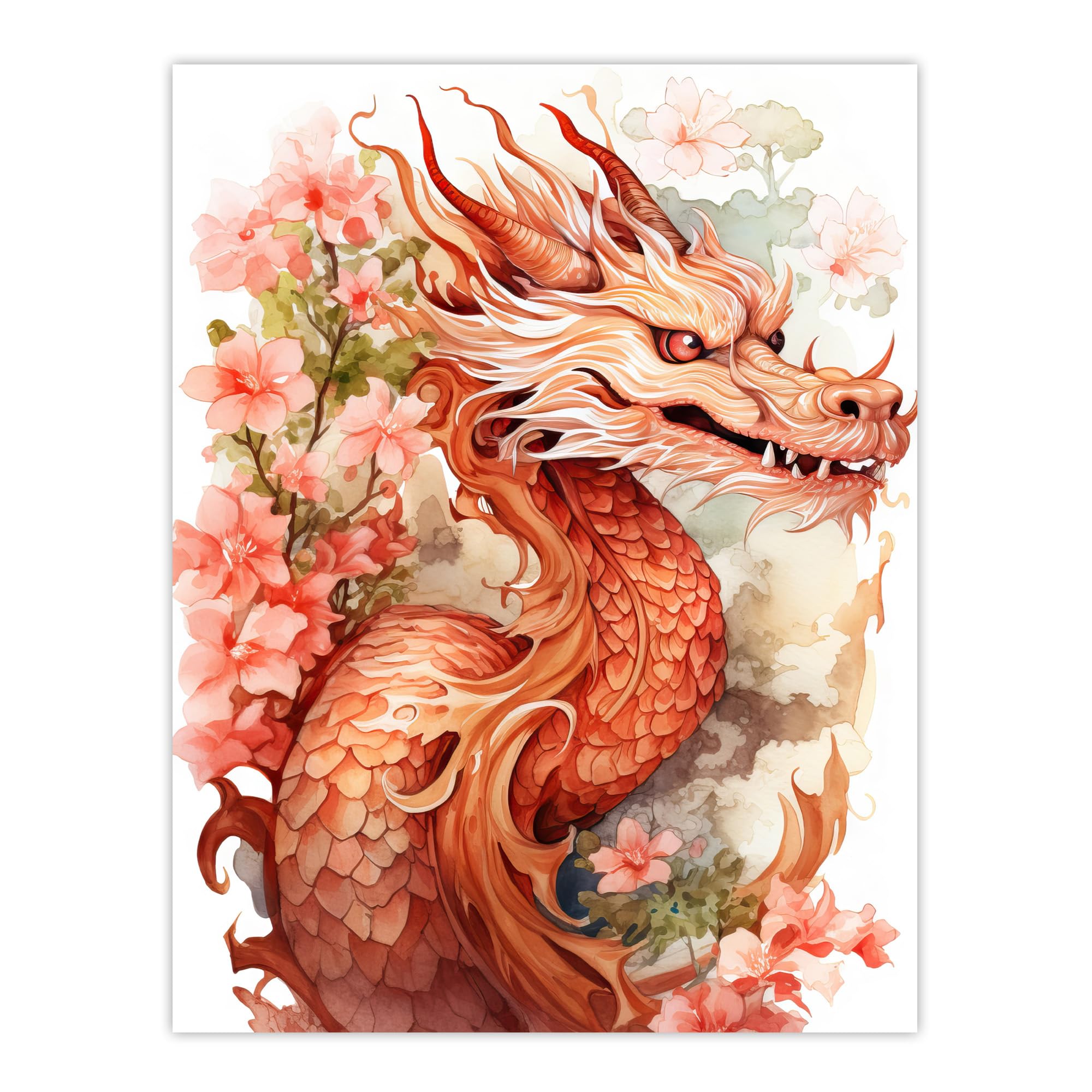 Artery8 Fantasy Dragon Serpent Floral Pink Orange 2024 Chinese Year Of The Dragon Large Wall Art Poster Print Thick Paper 18X24 Inch