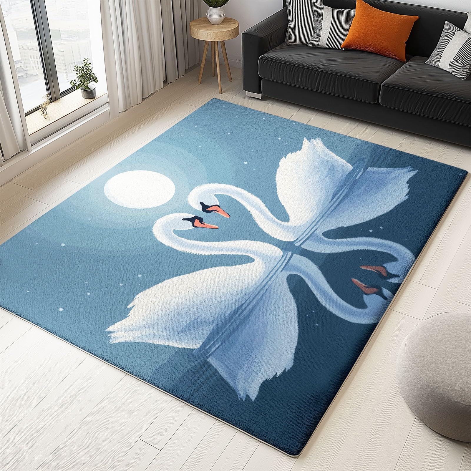 Bleu Tapis Enfant 140x200 cm Ciel Étoilé Lune Animaux Cygnes, Tapis Lavable en Machine et Antidérapant, Moquette à Poil Ras Doux pour Chambre et Salle de Jeux