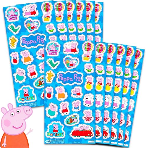Peppa Pig Recuerdos de fiesta para niños y niñas, paquete de 12 hojas de calcomanías para fiestas de cumpleaños de niños, bolsas de regalos