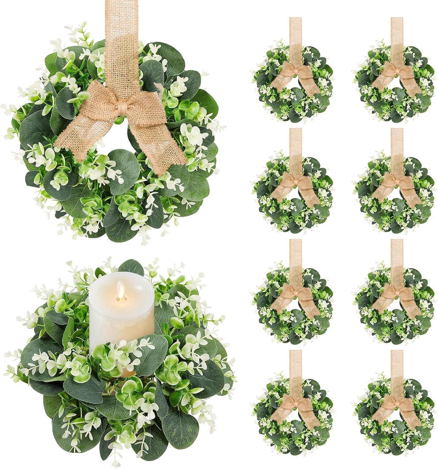 10PCS Candle Rings Wreaths - Artificial Lavender Wreath,Center Spring Wreath Rings,Flower Pillar Candle Holder Wreaths for Tapers Candelabra Wedding Party Home Table Centerpieces