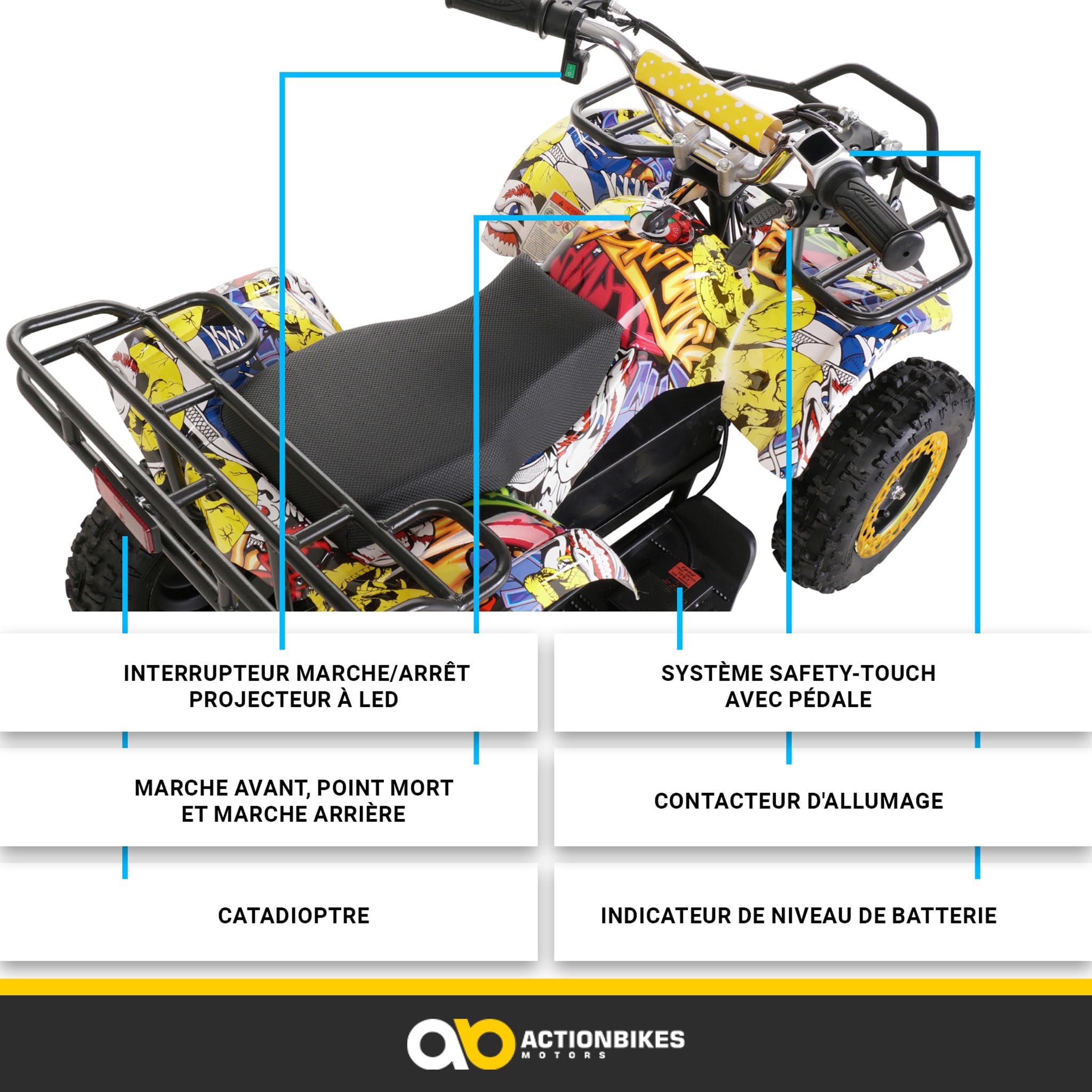 Actionbikes Motors Quad électrique Enfant ATV Torino | 36 Volts 1000 Watts Jusqu’à 24 km/h - Quad Enfant - Pocket Quad - pédale de sécurité Safety Touch - Mini Quad - dès 8 Ans (Noir)