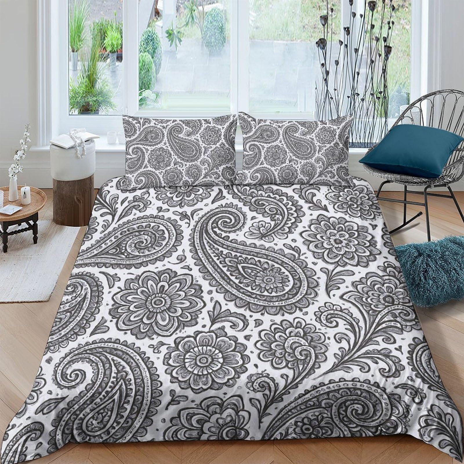Ctjqhvkz Style-6 3D Printed Paisley Swirl Fitted Sheet Microfiber Soft Grey Floral Bed Cover Anti-Slip For Bedroom Guest Room Single（135X200cm）