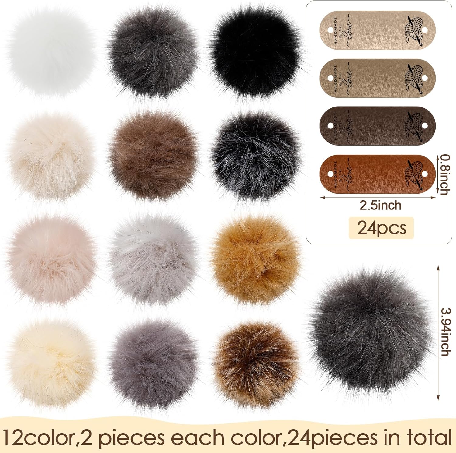 Suncalla 24 Set 4 Inch Mink Fur Color Faux Fur Pom Pom Balls with Elastic Loop Faux Leather Tags Personalized Leather Label for Hat Beanie Scarf Gloves Bag Accessory Clothes Knitting Crochet Item DIY - Image 2