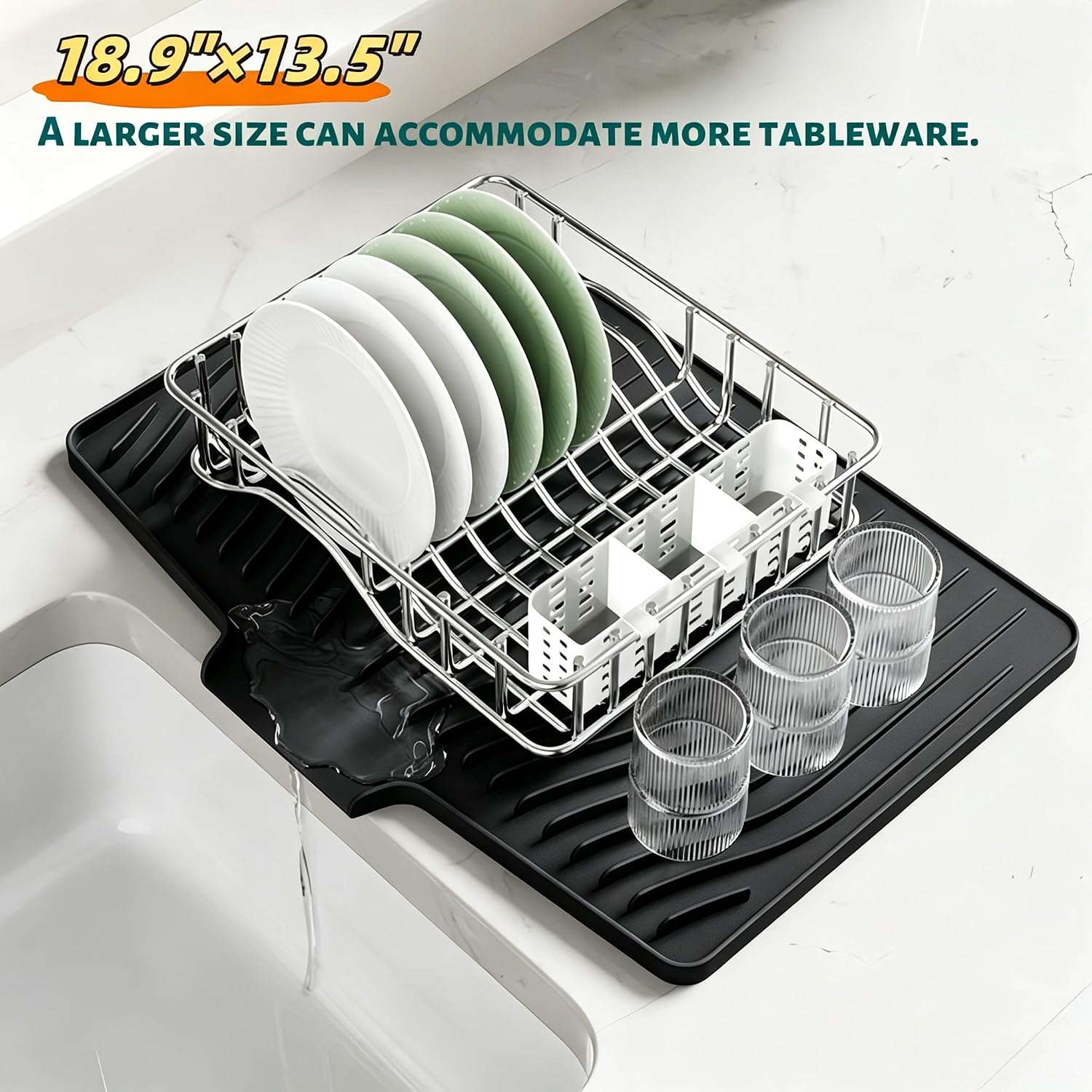 CIEO Silicone Dish Drying Mat for Kitchen Counter, Slope Fast Self-Draining, Non-Slip Drain Pad, Easy Clean Countertop Protection Mat, Multiple Use for Dishes Drying Rack（18.9"x 11.9",Black）