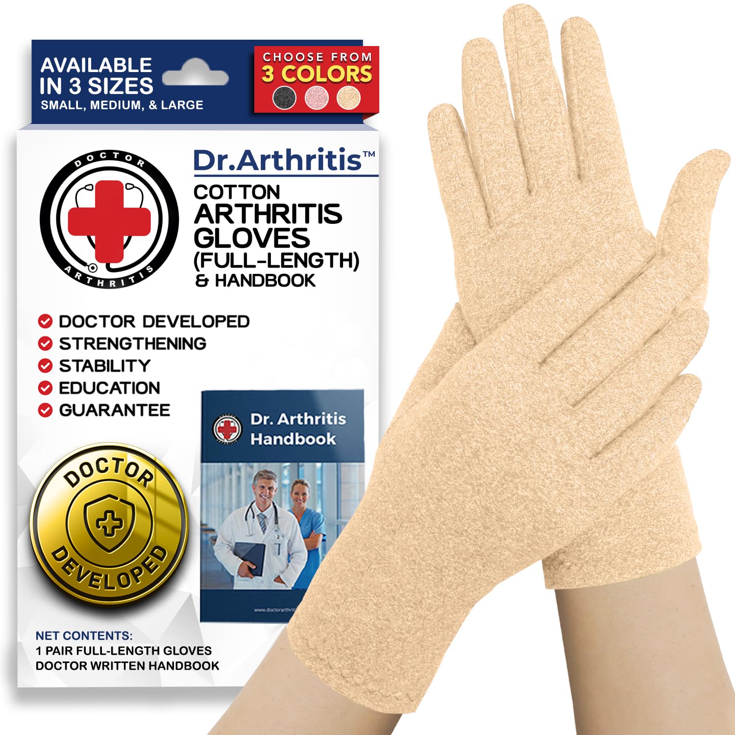 Doctor Developed Nude Arthritis Gloves & Doctor Written Manual - For Arthritis, Raynaud's Disease & Carpal Tunnel (Large)