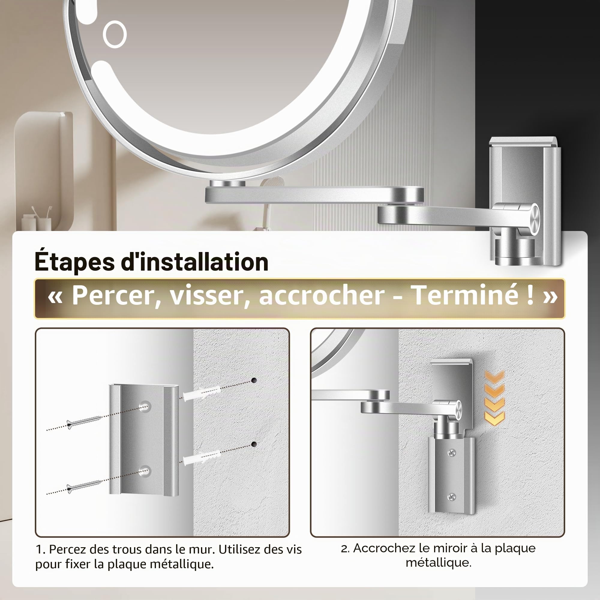 MOMOKUBA Miroir grossissant avec lumière 20X/1X, Miroir de Maquillage éclairé avec grossissement, Miroirs de Maquillage Debout Double Face, Rechargeable 3 Couleurs avec Gradation