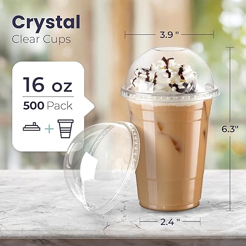 Miniatura 7 de Fit Meal Prep Paquete de 100 vasos de plástico transparente de 16 onzas con tapas de cúpula, tazas desechables para café helado, tazas Boba sin BPA