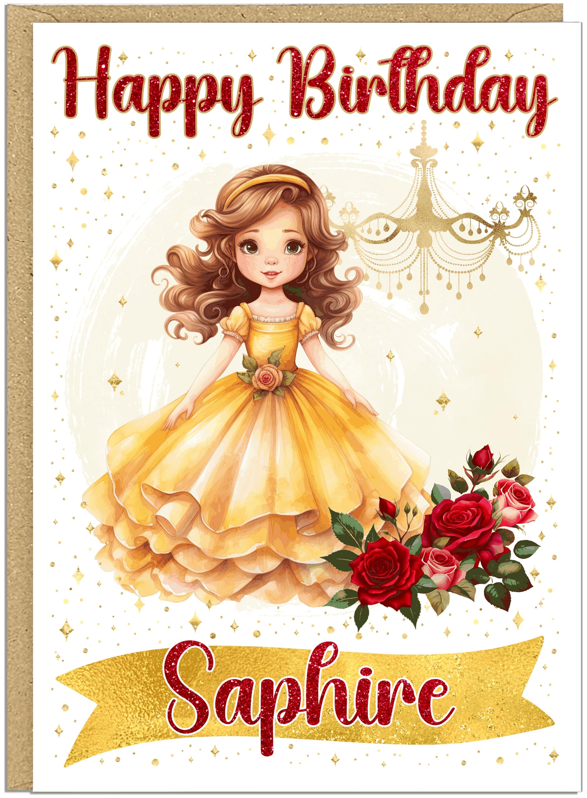 Personalised Age Happy Birthday Princess Card | Custom Child's Name Cards | Red Roses Yellow Princess Dress Design For Little Girls | Daughter Granddaughter Sister Friend Cards (No Number)