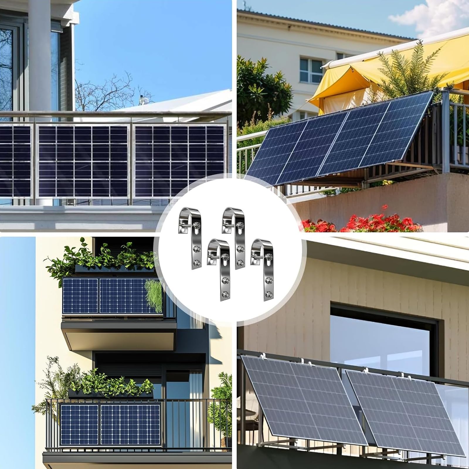 Haki do mocowania elektrowni balkonowych, 4 sztuki, ze stali nierdzewnej, nadają się do modułów PV na balkonie, balustradzie balkonu, płaskiego dachu, kamperów, wytrzymałe