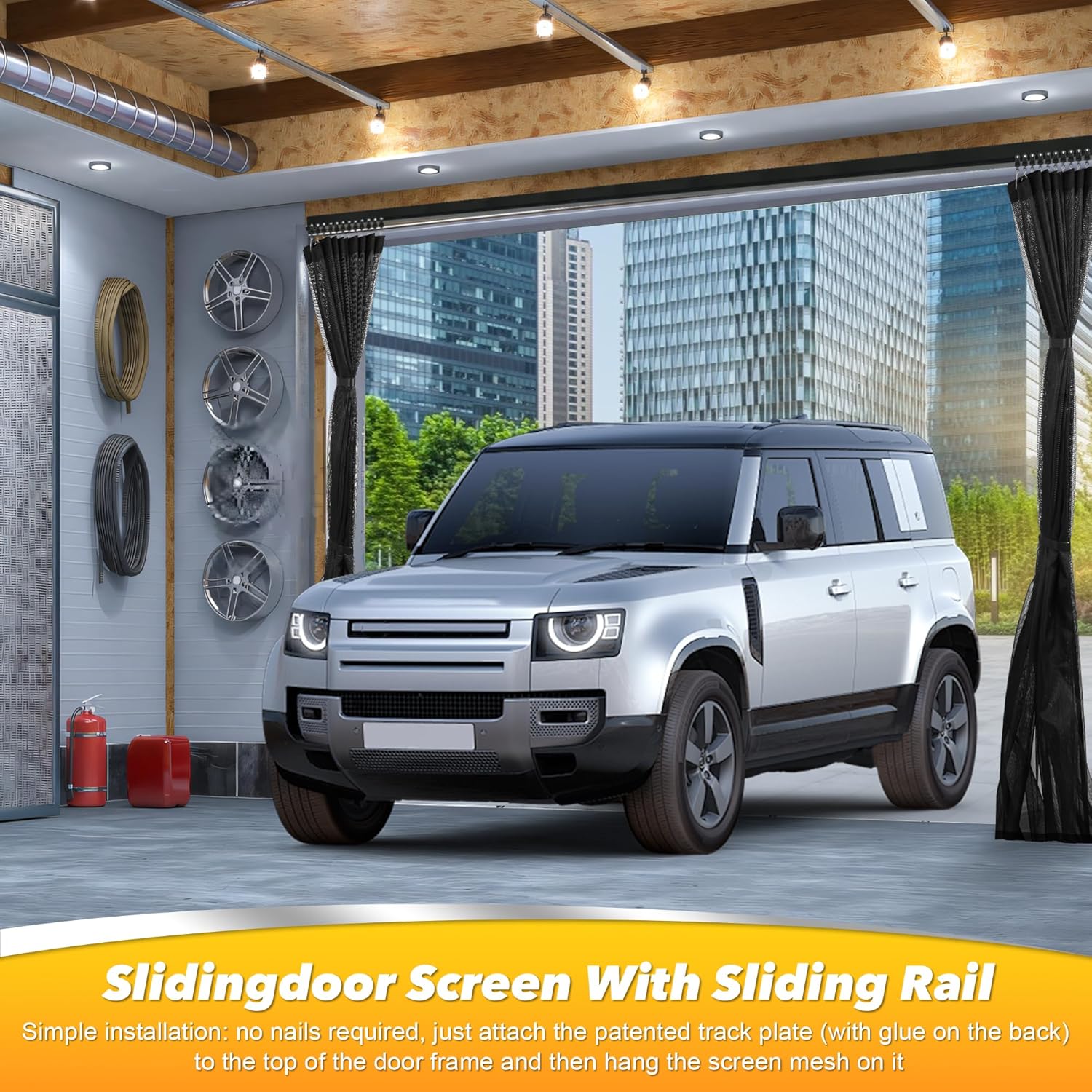Sliding Garage Door Screen 16x7FT for 2 Car Garage Doors, Magnetic Garage Screen with Track Closure, Heavy-Duty New 275g/㎡ Mesh, Retractable Garage Door Screen for Patio, Outdoor, Gym