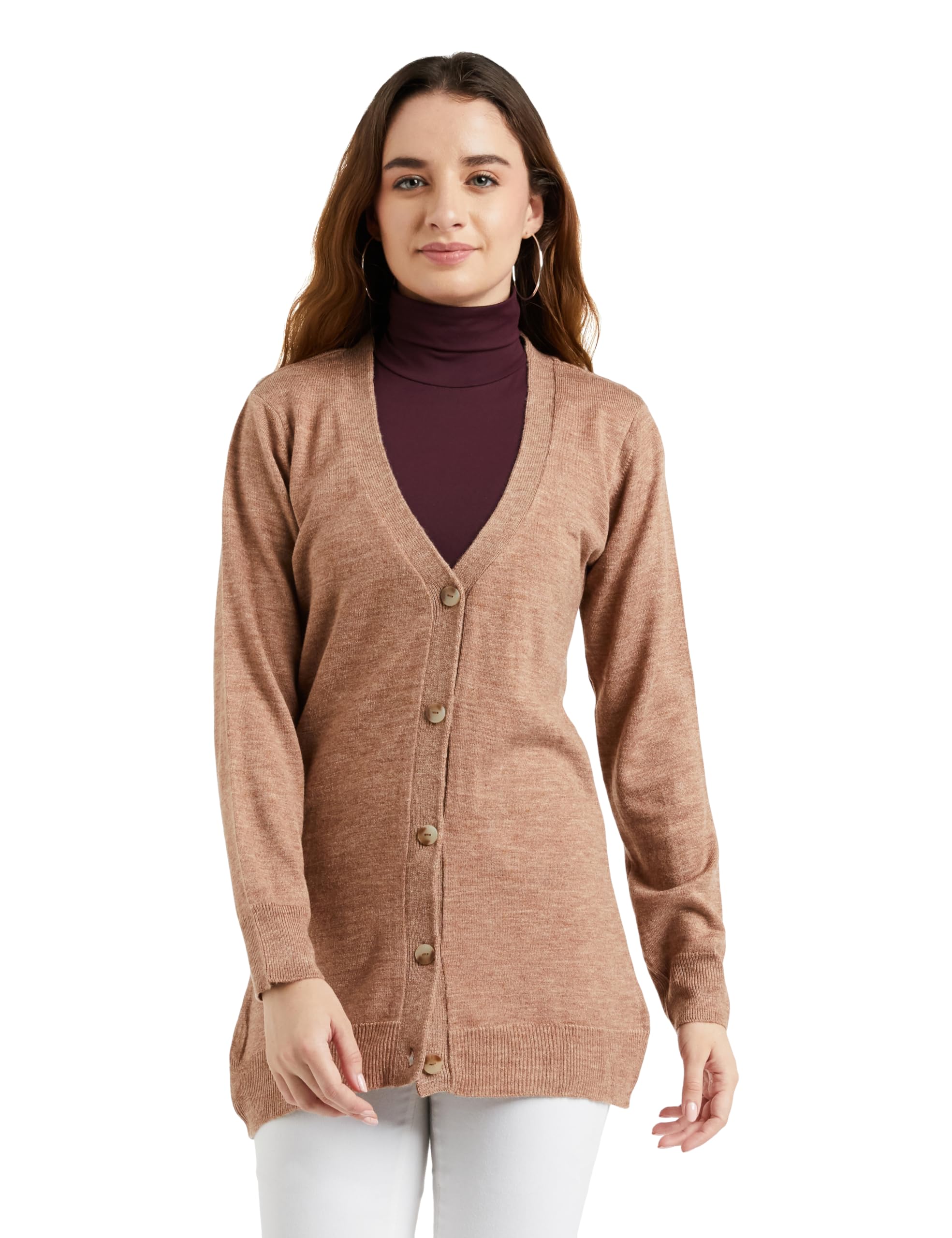 Women's Casual Acrylic V Neck Full Sleeve Regular Fit Tunic Length Cardigan Sweater-image-22