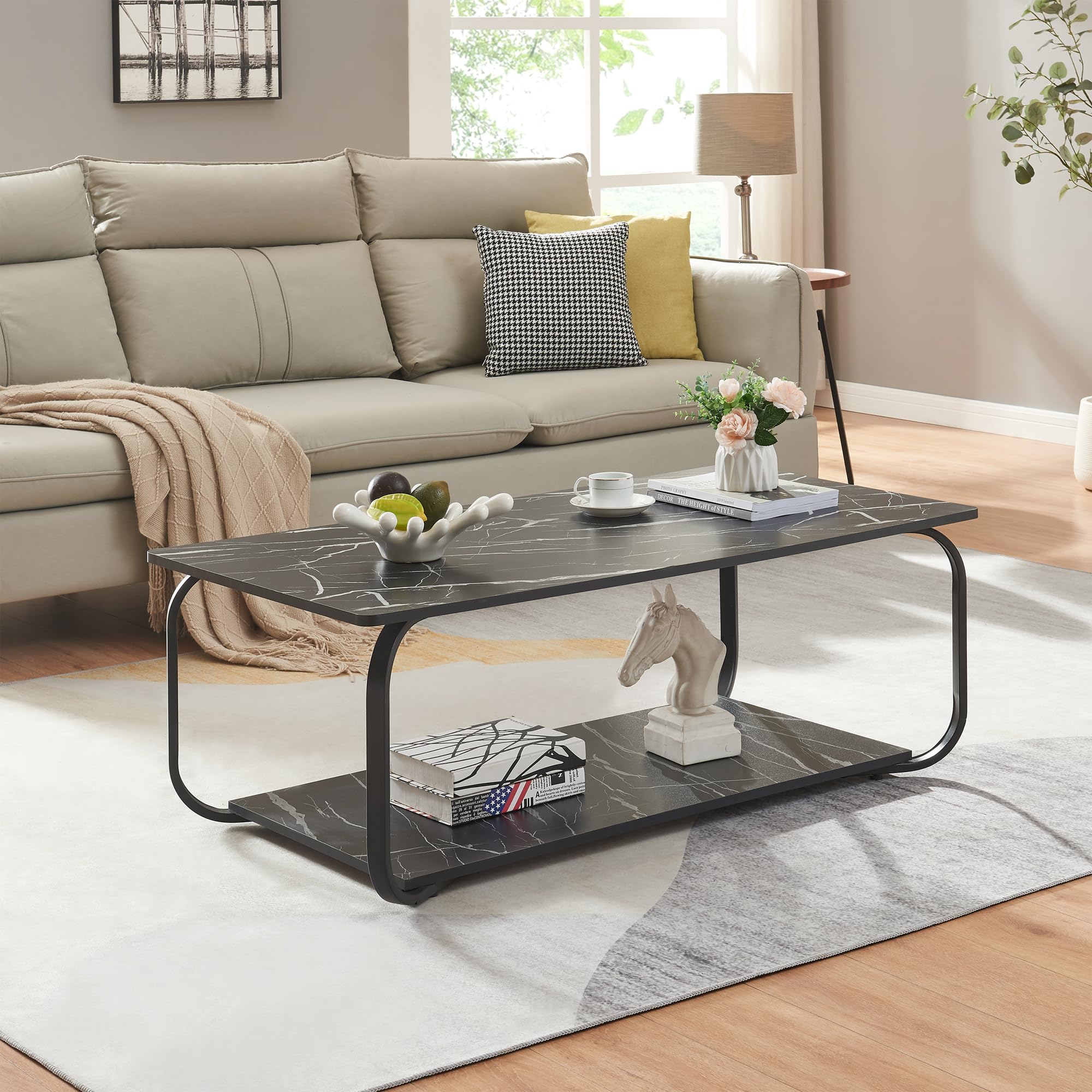 [en.casa] Table Basse de Salon avec Étagère Table d'Appoint avec Surface de Rangement Design Style Intemporel Plateau Rectangulaire MDF Acier 120 x 60 x 43 cm Effet Marbre Noir