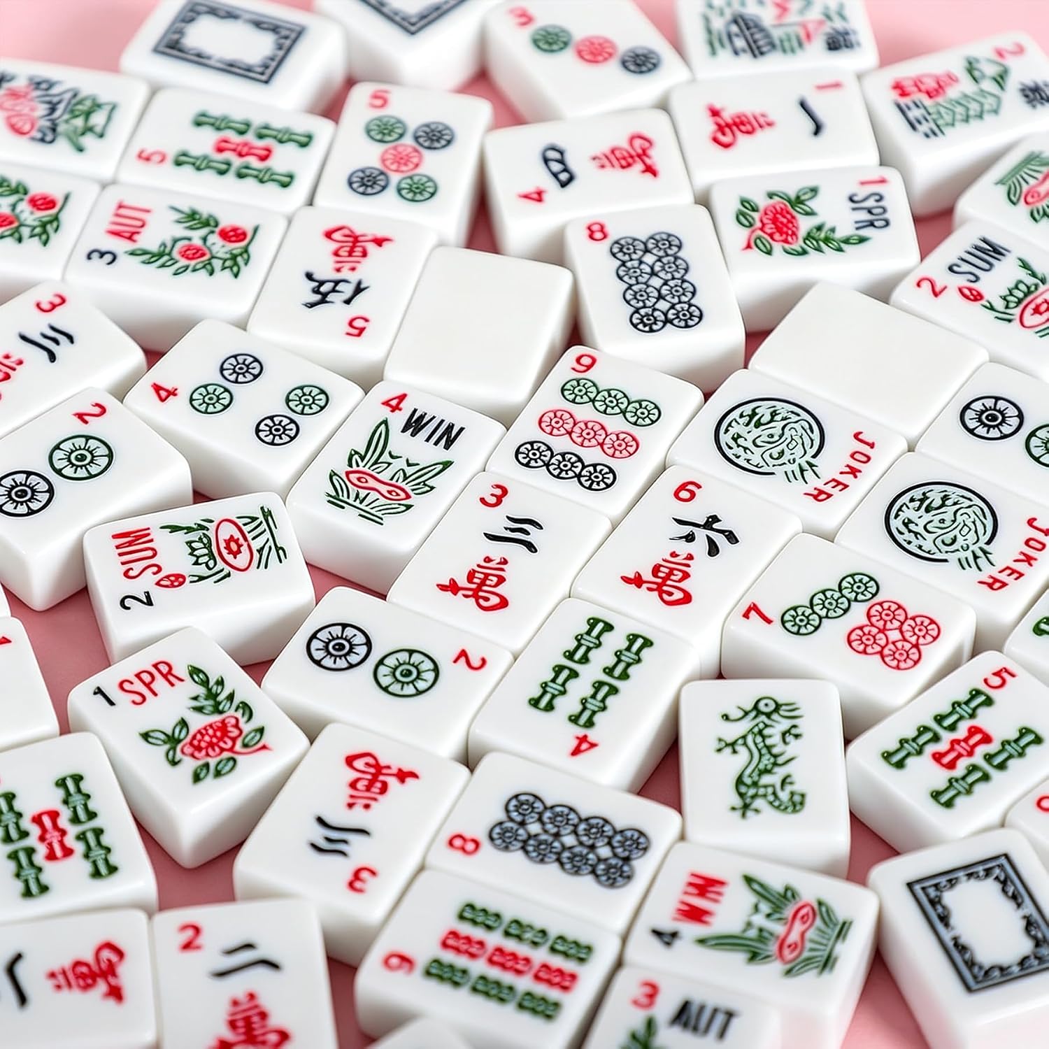 American Mahjong Tile Set with Carrying Bag, 166 Engraved White Melamine Tiles, 4 Color Rack Pushers, Dice Chips and Wind Indicator, Complete Mahjong Tile Set for Travel Family Game Nights image 4