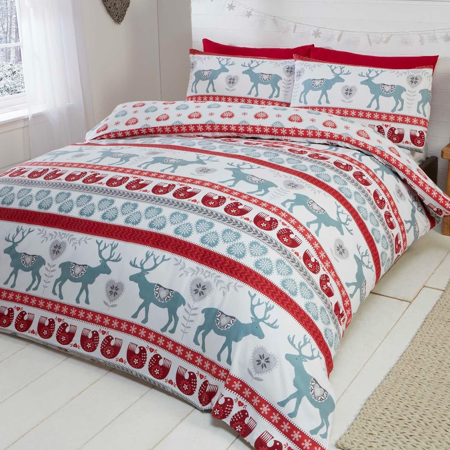 Housse de couette de Noël 260x240 avec rennes bleus et rayures rouges pour lit double