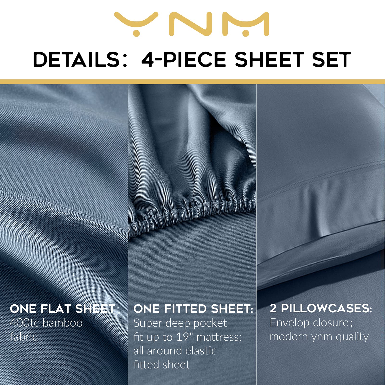 YNM Bamboo Bed Sheet Set, 400TC Fabric 