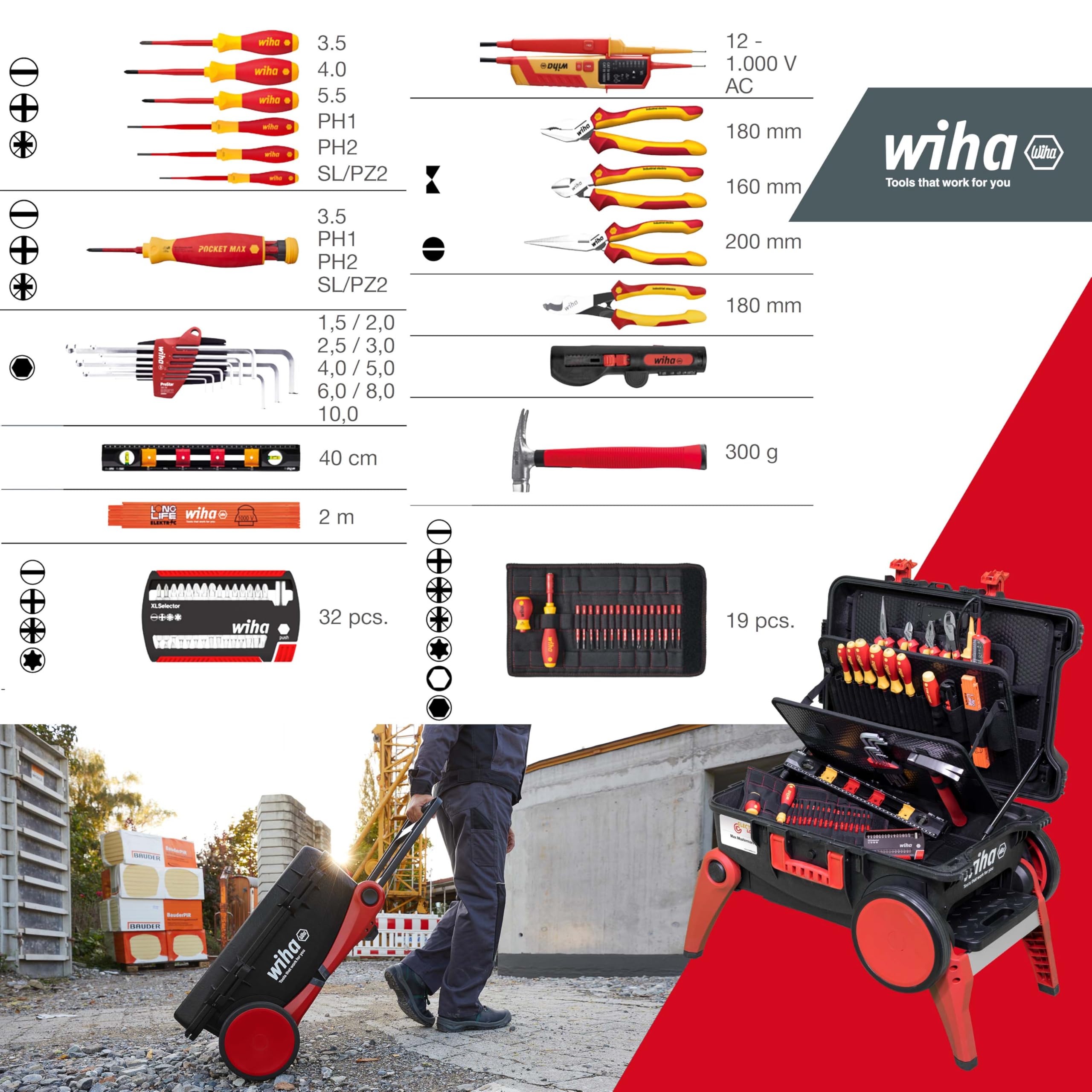 WIHA WERKZEUGE GMBH Juego de caja de herramientas XXL 4 electric de 80 unid. incl. caja de herramientas | (45734) Electrician tool case with wheels I tool box with extensive assortment I additional storage space