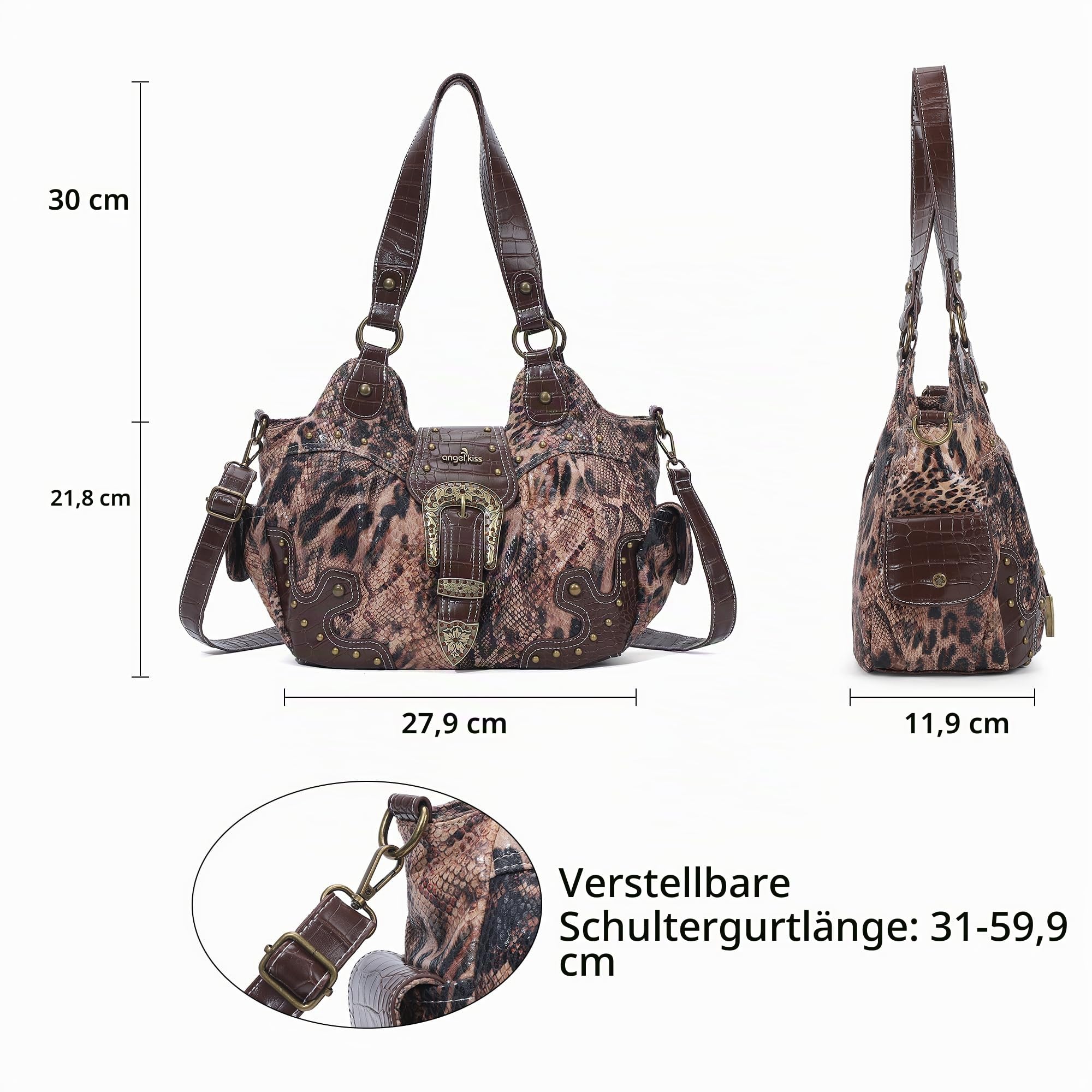 Angel Kiss Damen Handtasche Hobo Mittelgroß Shopper Weiches PU mit Metallnieten Wasserdicht Multifunktionale Reißverschluss viele Fächer Retro für Frauen Dating Party Alltag Büro Arbeit