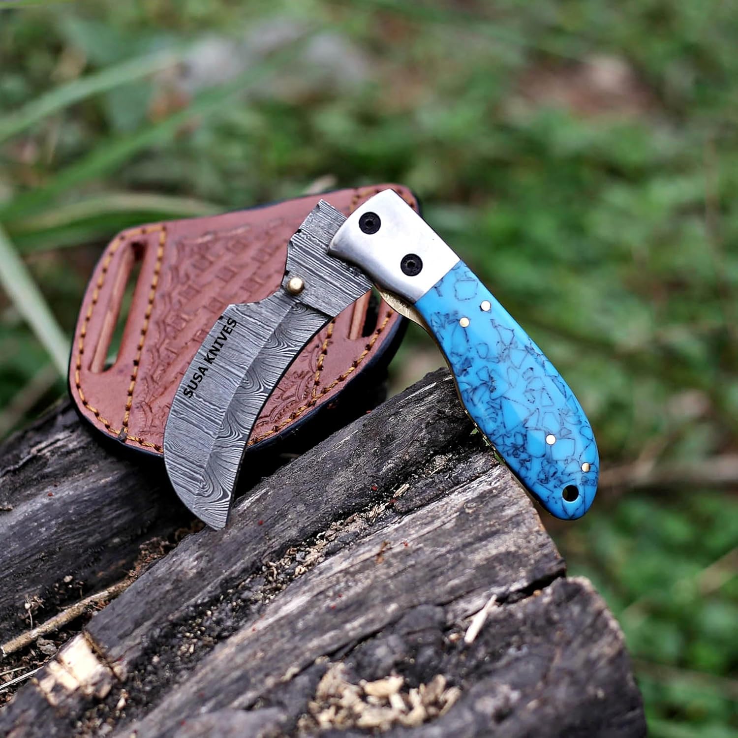Damascus Steel Hwakbill Pocket Folding Knife rasp steel Pocket Knives for Outdoor, Camping, Hiking Inner Lock Blade EDC knife pancake leather sheath (DAMASCUS RESIN)