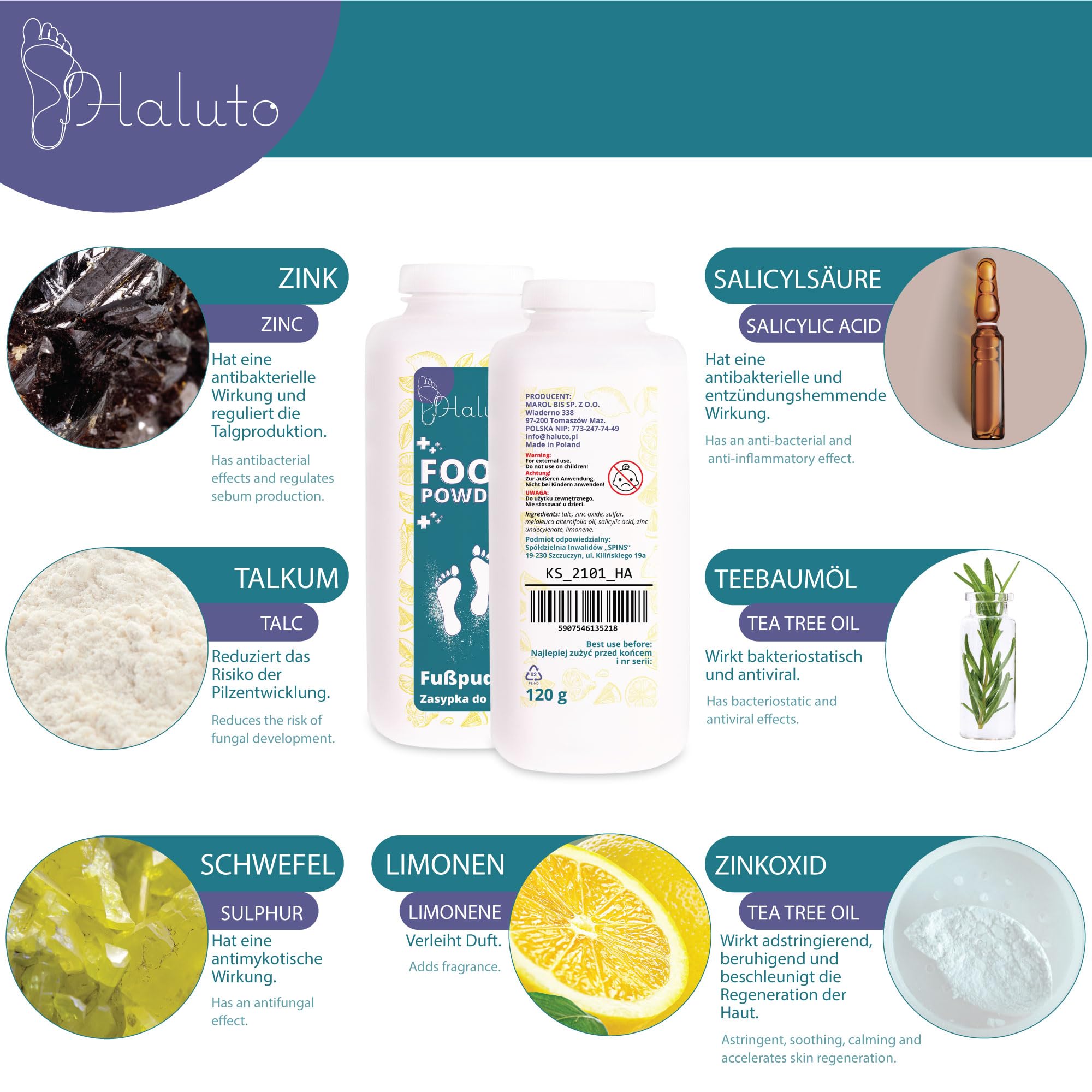 HALUTO Antibatterico Polvere Piedi - Talco Profumato - Elimina l'odore di Scarpe e Piedi - Naturale - Assorbono l'umidità - per Scarpe Sportive, da Lavoro e da Ginnastica