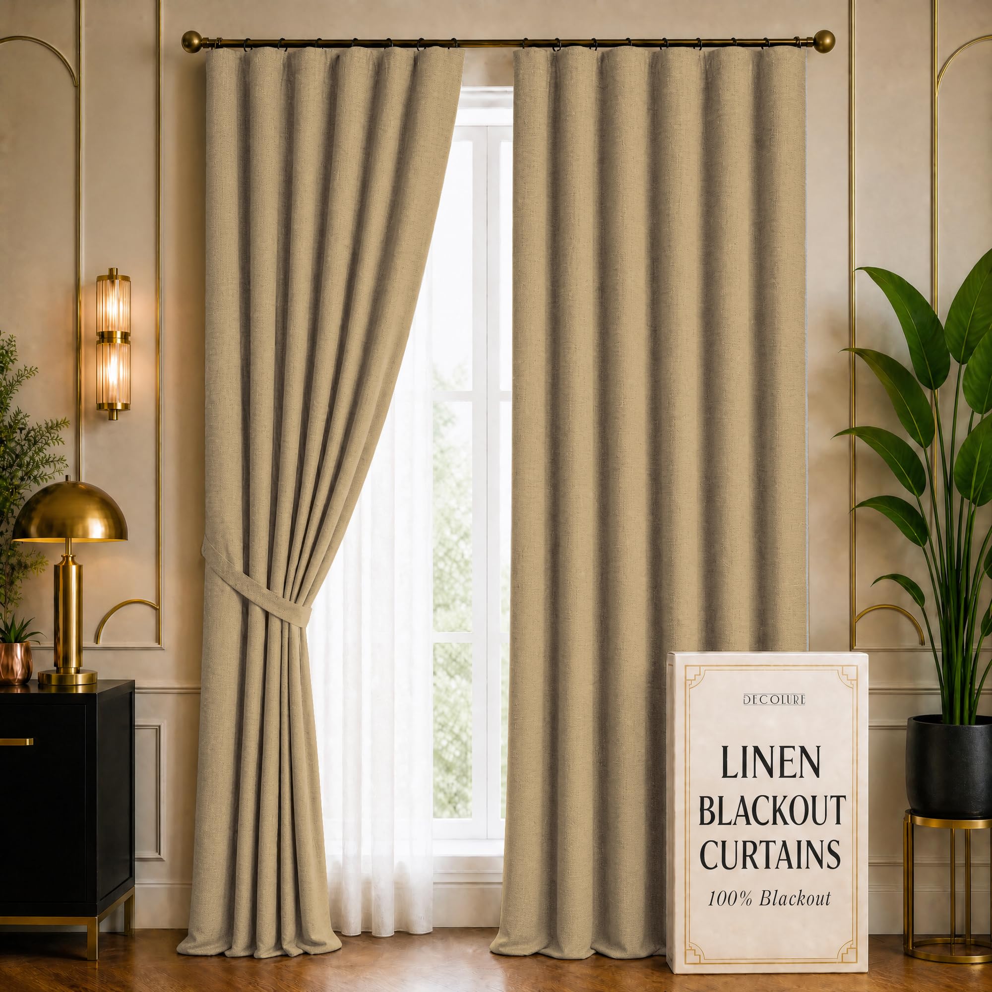DECOLURE 100% Blackout Linen Curtains 108 Inches Long Beige