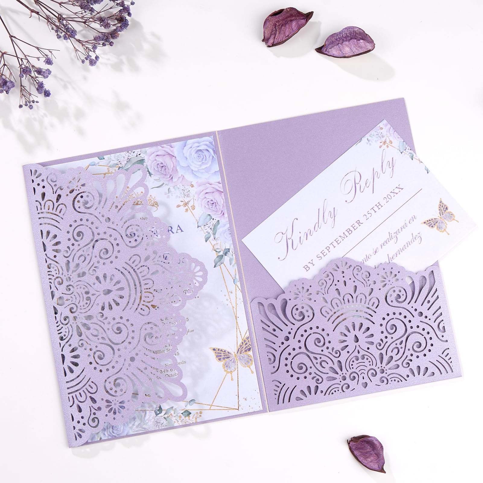 Hochzeitseinladungen, personalisierbar, lasergeschnitten, mit Umschlägen und RSVP-Karten für Verlobung, Quinceanera, Brautparty, Geburtstag, Lila, 50 Stück