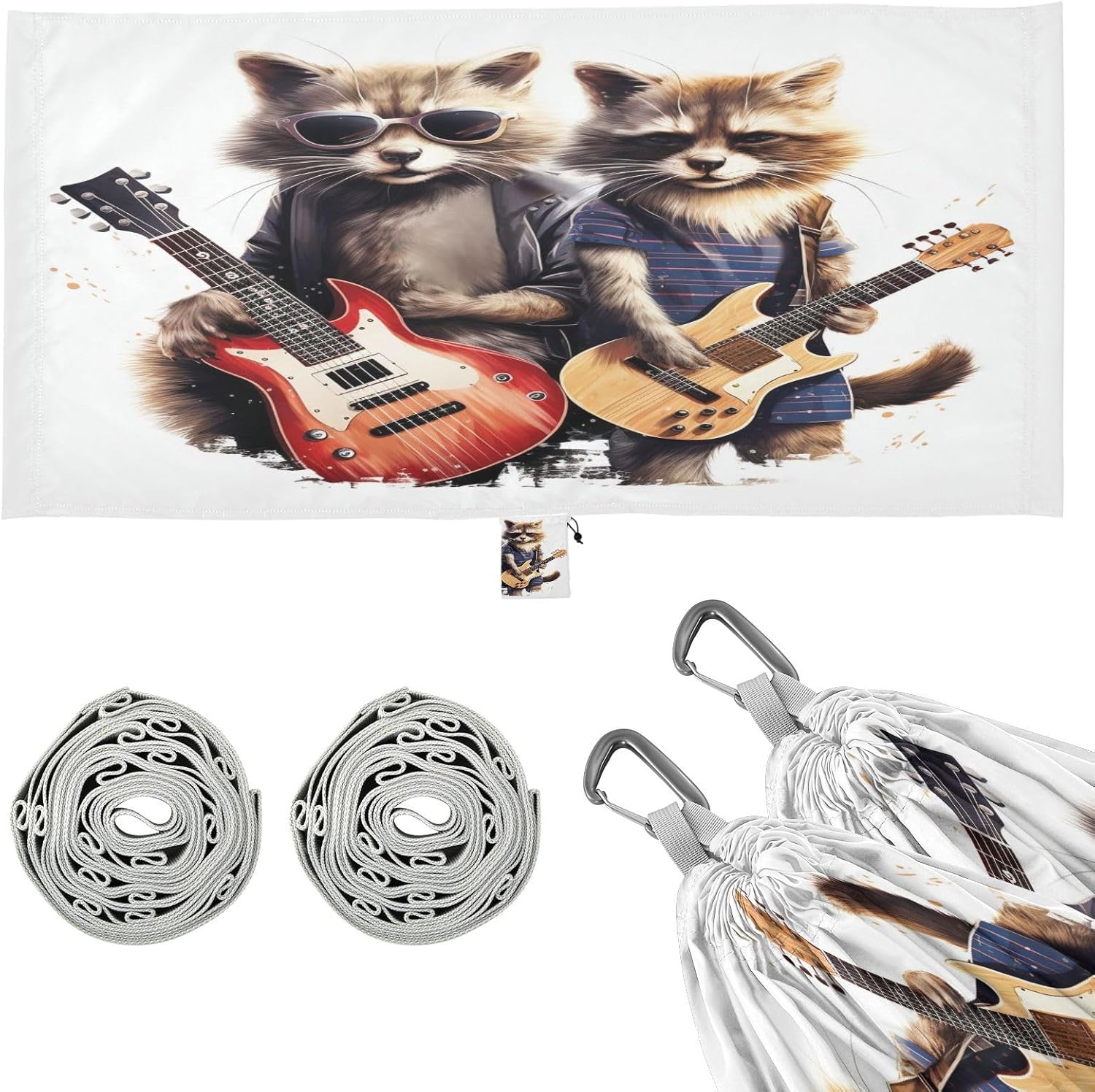 ALAZA Raccoon Music Guitar Camping Hammocks Single or 2 Person 500 lbs Portable Parachute Travel Hammock w/Tree Straps for Hiking Backpacking Indoor Outdoor