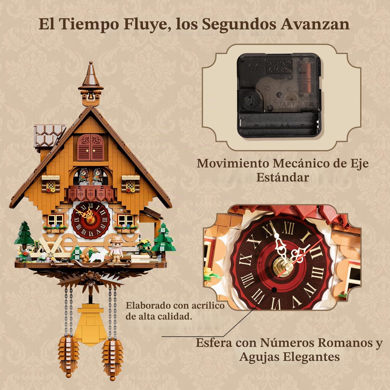PANTASY Juego de bloques de reloj de cuco, diseño vintage chalet, reloj de pared mecánico con cuco motorizado, escenario giratorio y rueda de agua, perfecto para
