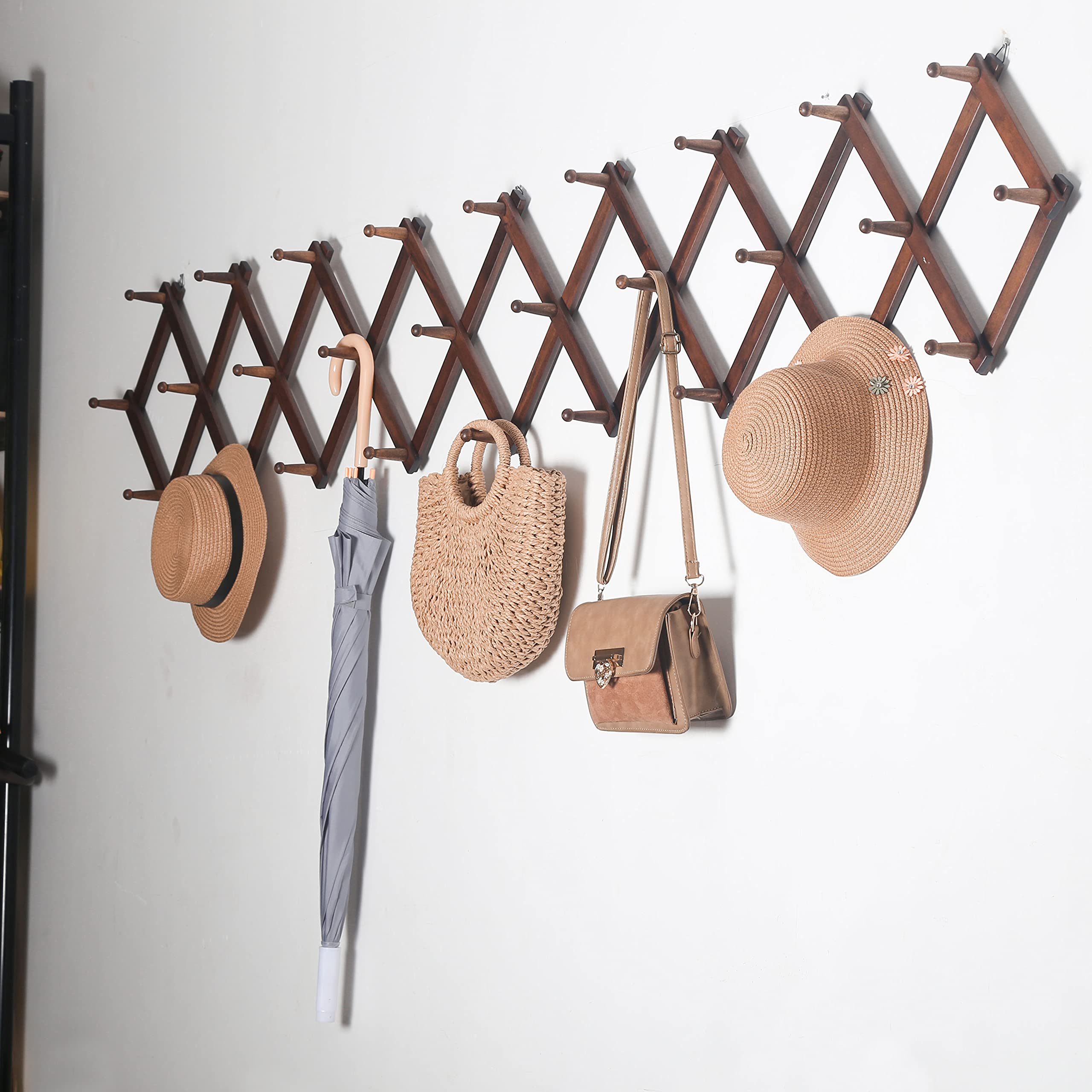 SKOLOO Accordion Wall Hanger, Modern Expandable Coat Rack Wall Mounted, Solid Wooden Wall Hat Rack, 28 Peg, Walnut