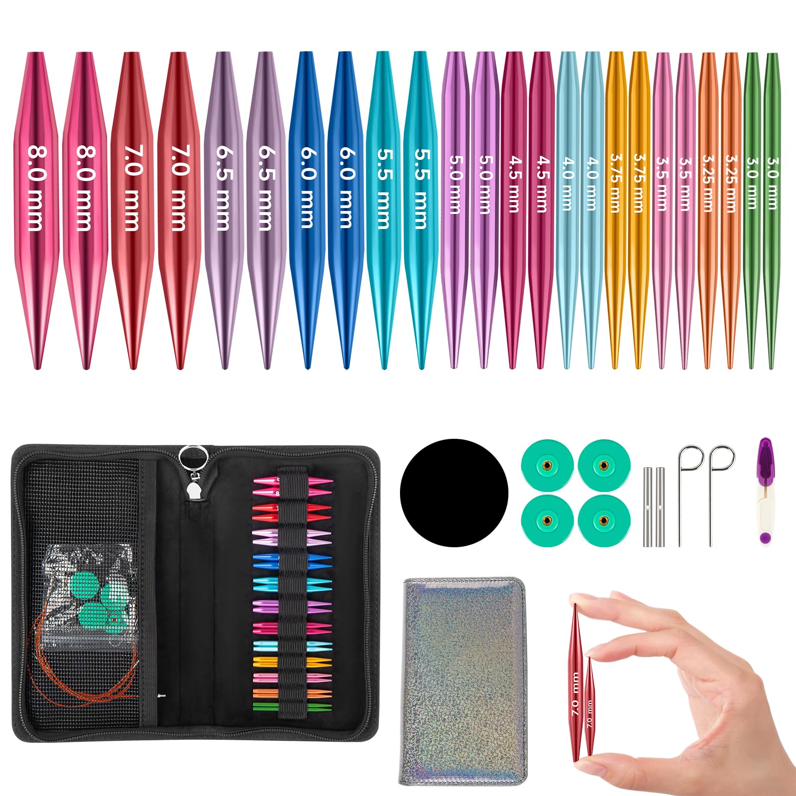 Set di ferri circolari corti intercambiabili, 5 cm, mini ferri da maglia intercambiabili con borsa e accessori, 12 aghi da 3 a 8 mm di diametro, 4 cordoncini da 15-55 cm, set di uncinetti in