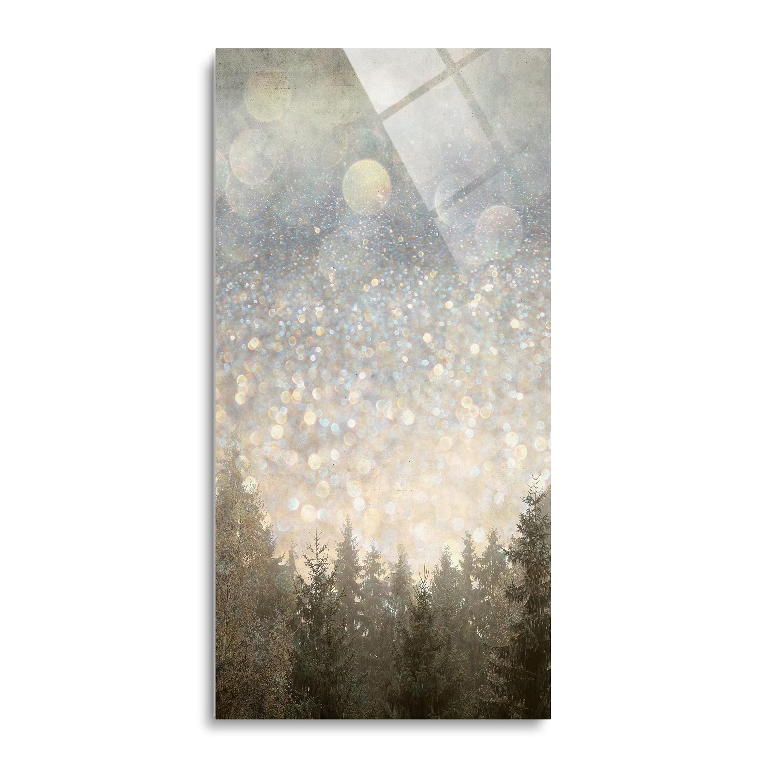 Sparkly Sky Trees Silver Tone Cream Pine 36 x 18 Glass Wall Hanging Sign