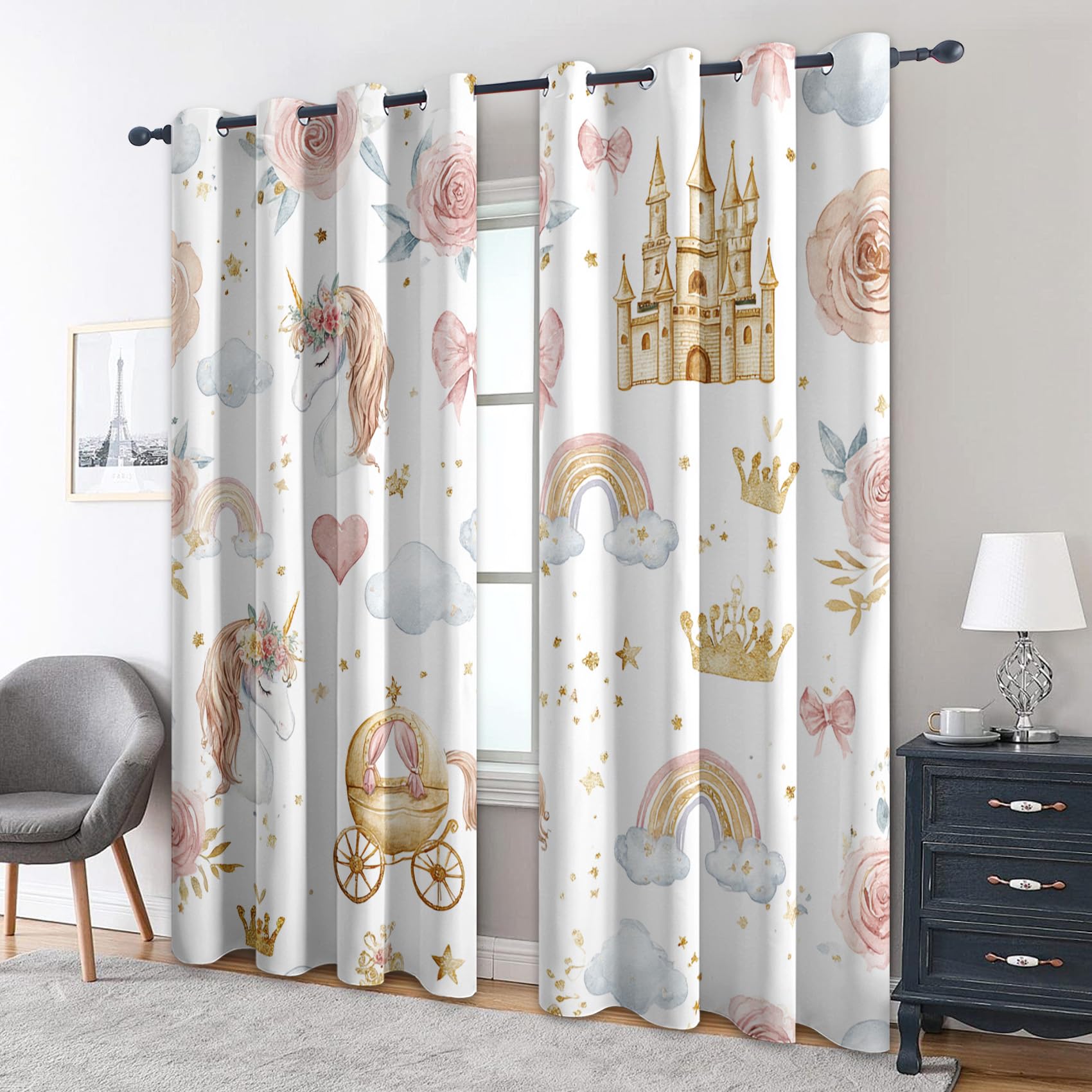 Generisch Prinzessin Vorhänge Blickdicht Gardinen mit Ösen, Mädchen Regenbogen Einhorn Deko Muster Wohnzimmer Schlafzimmer Fenster Verdunklungsvorhänge, H 160 x B 140 cm 2er Set Rc3636